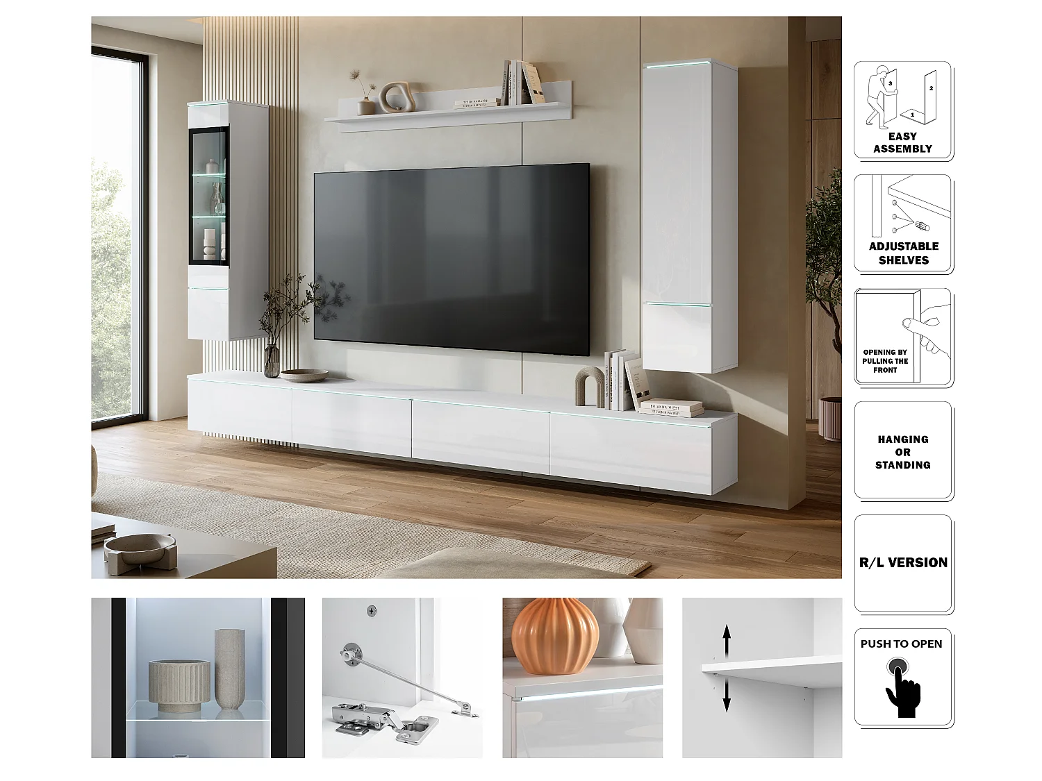 Parete attrezzata MINIO go for it VEVE XXL con illuminazione LED, bianco / bianco lucido, 1 pezzo.