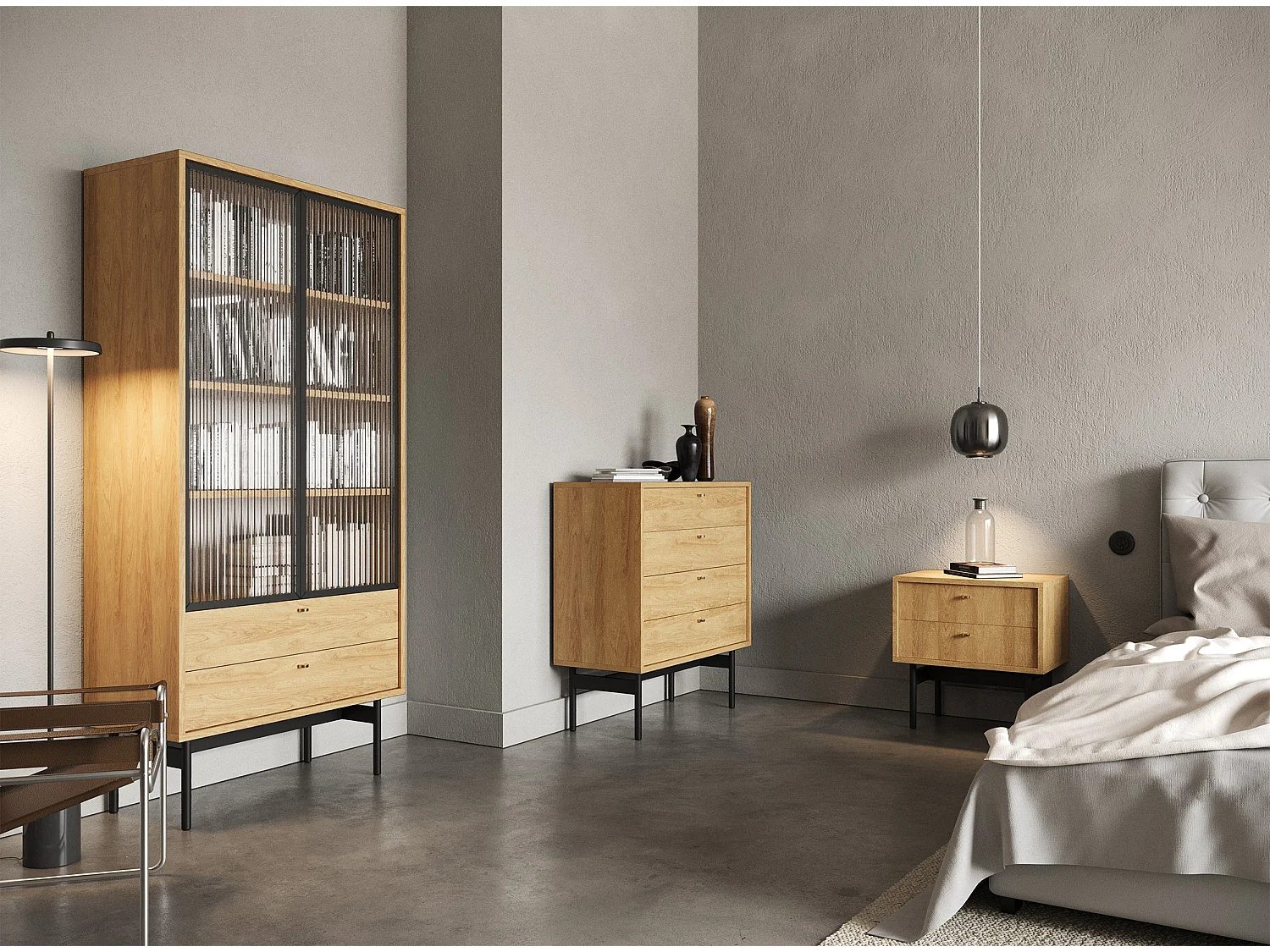 Vitrine mit 3 Regalböden - Holzoptik Hickory Natur - 85 cm - OLAR II