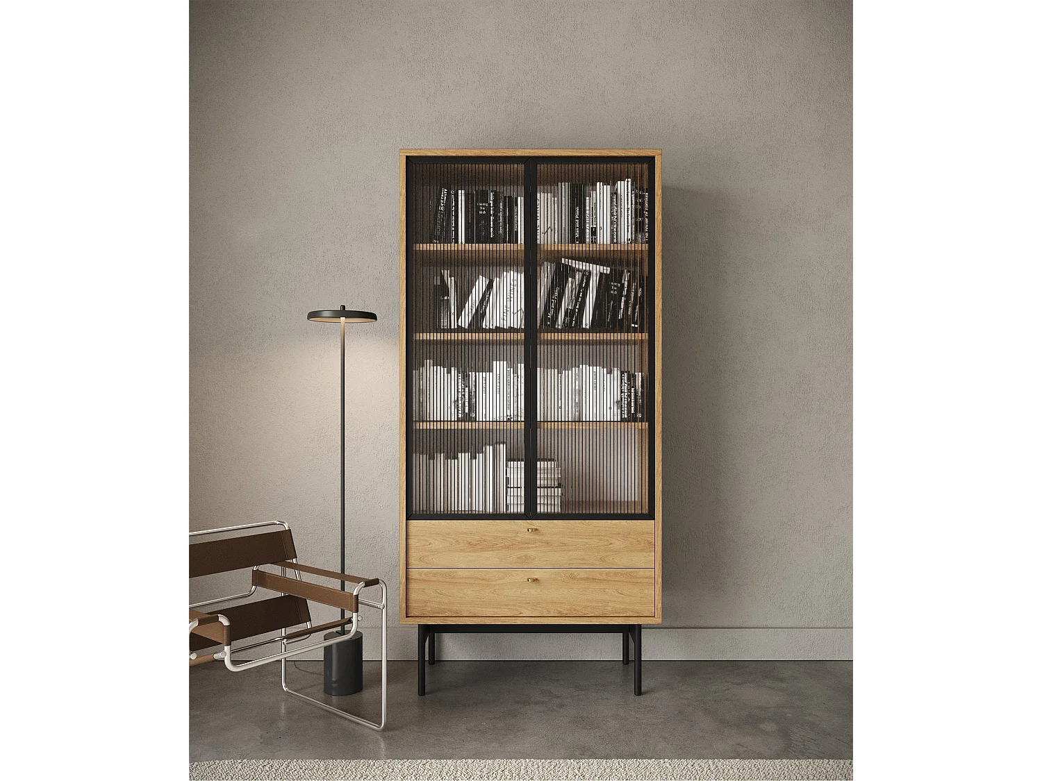 Vitrine mit 3 Regalböden - Holzoptik Hickory Natur - 85 cm - OLAR II