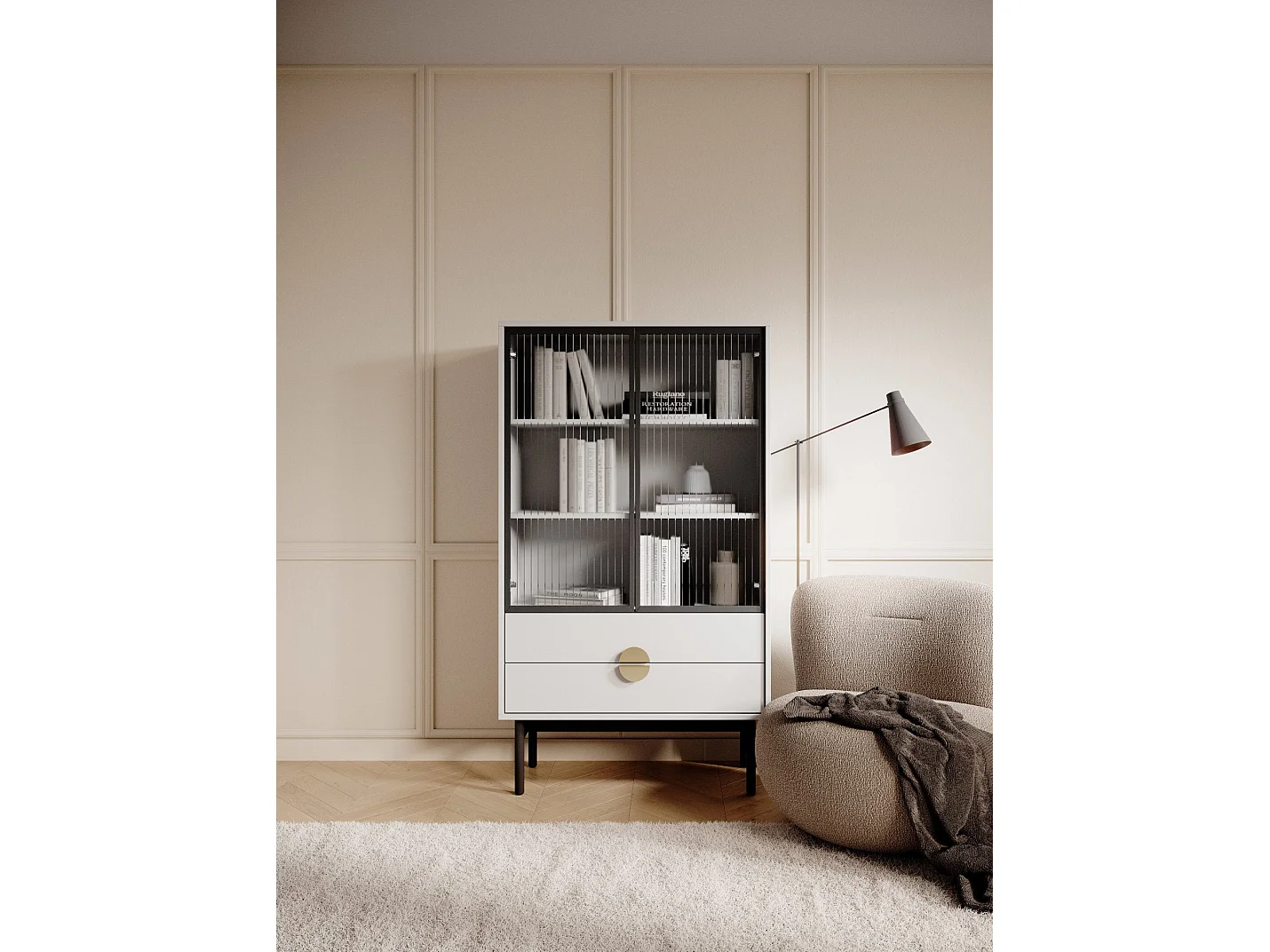 Vitrine mit 2 Regalböden und 2 Schubladen - Weiß - 150 cm - STOON II