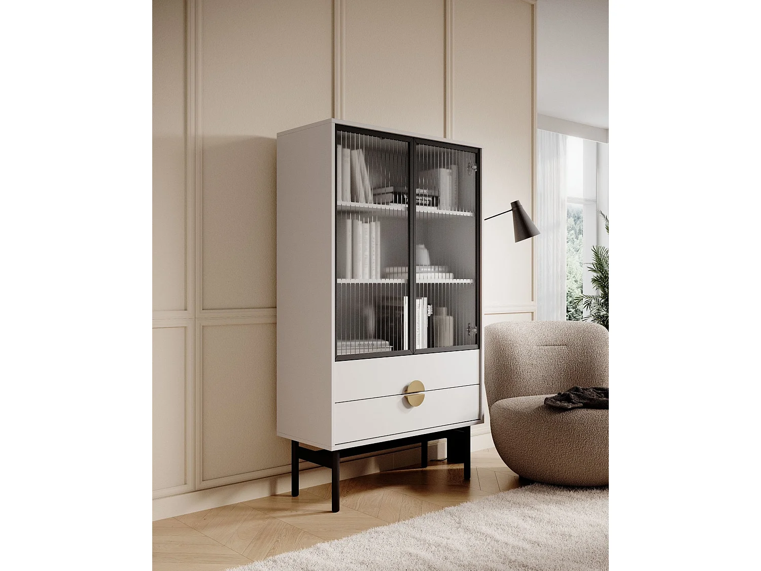 Vitrine mit 2 Regalböden und 2 Schubladen - Weiß - 150 cm - STOON II
