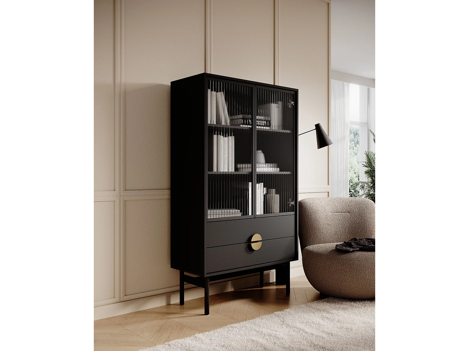 Vitrine mit 2 Regalböden und 2 Schubladen - Schwarz - 150 cm - STOON II