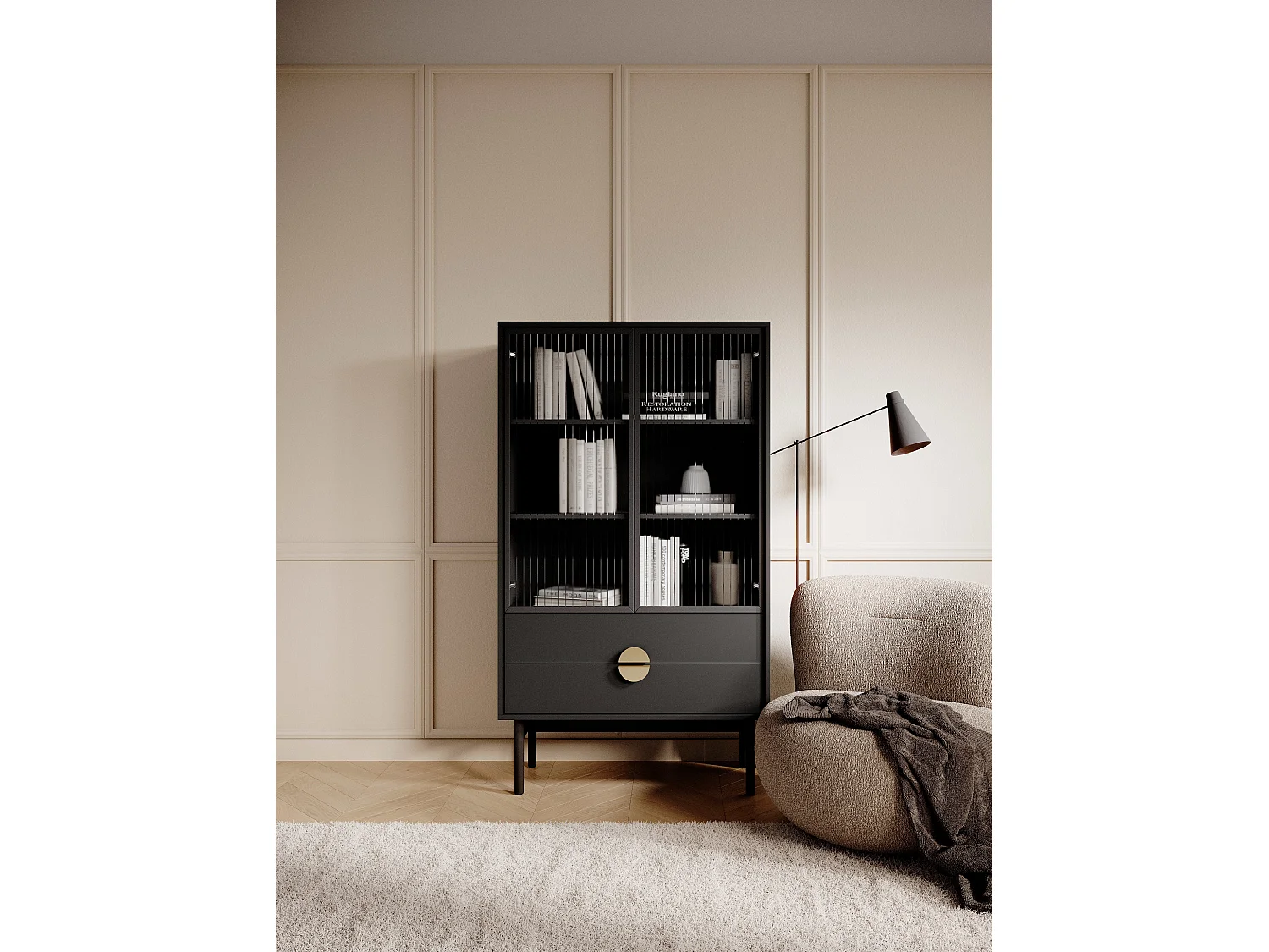 Vitrine mit 2 Regalböden und 2 Schubladen - Schwarz - 150 cm - STOON II
