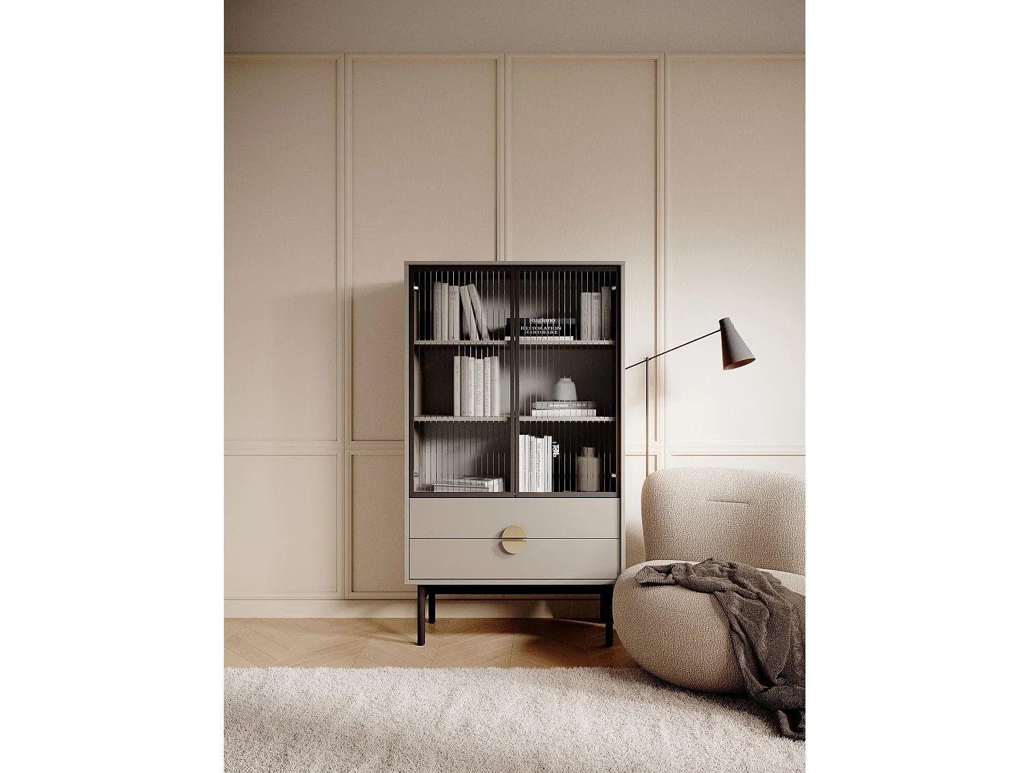 Vitrine mit 2 Regalböden und 2 Schubladen - Taupe - 150 cm - STOON II