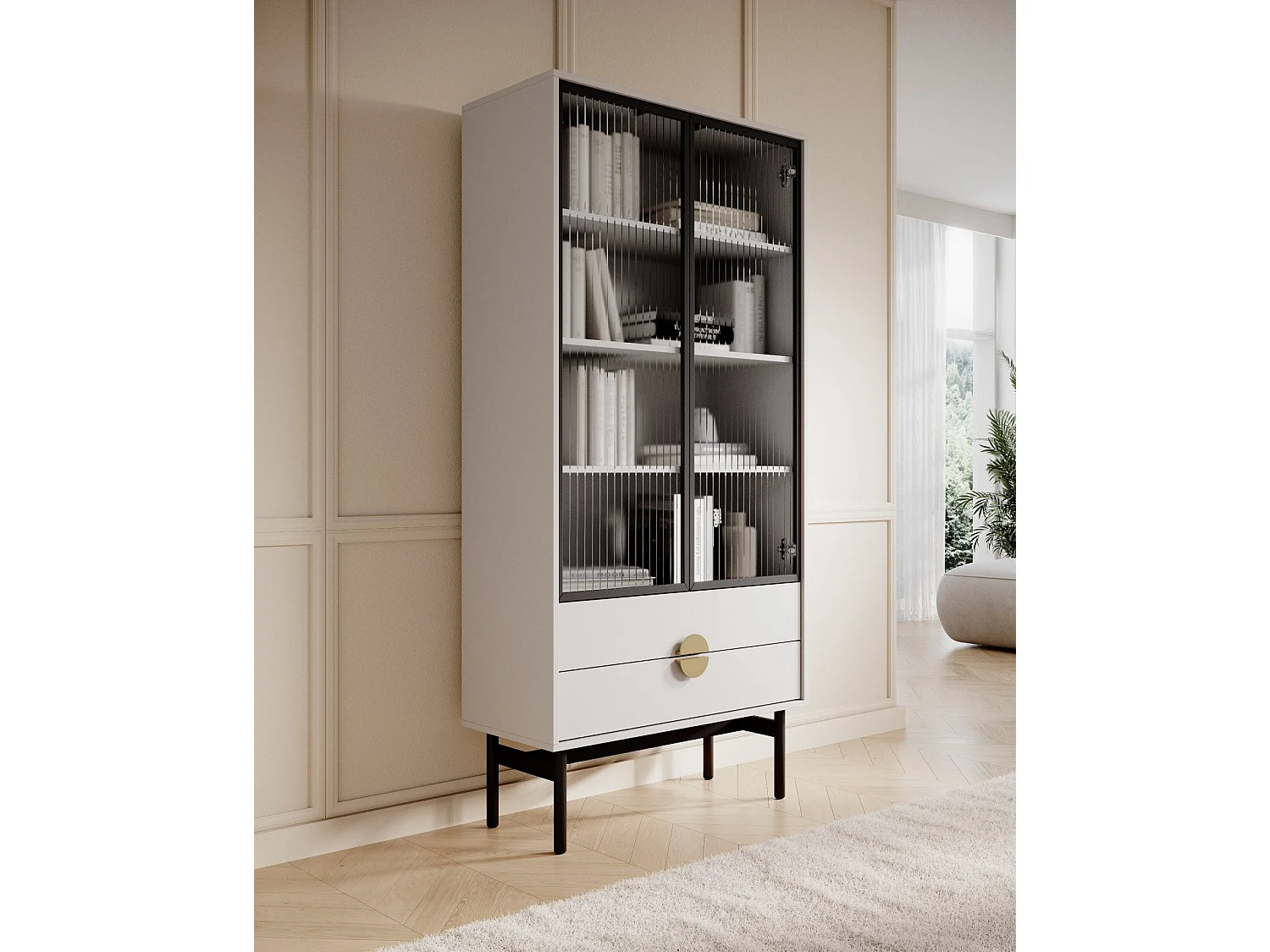 Vitrine mit 3 Regalböden und 2 Schubladen - Weiß - 175 cm - STOON II