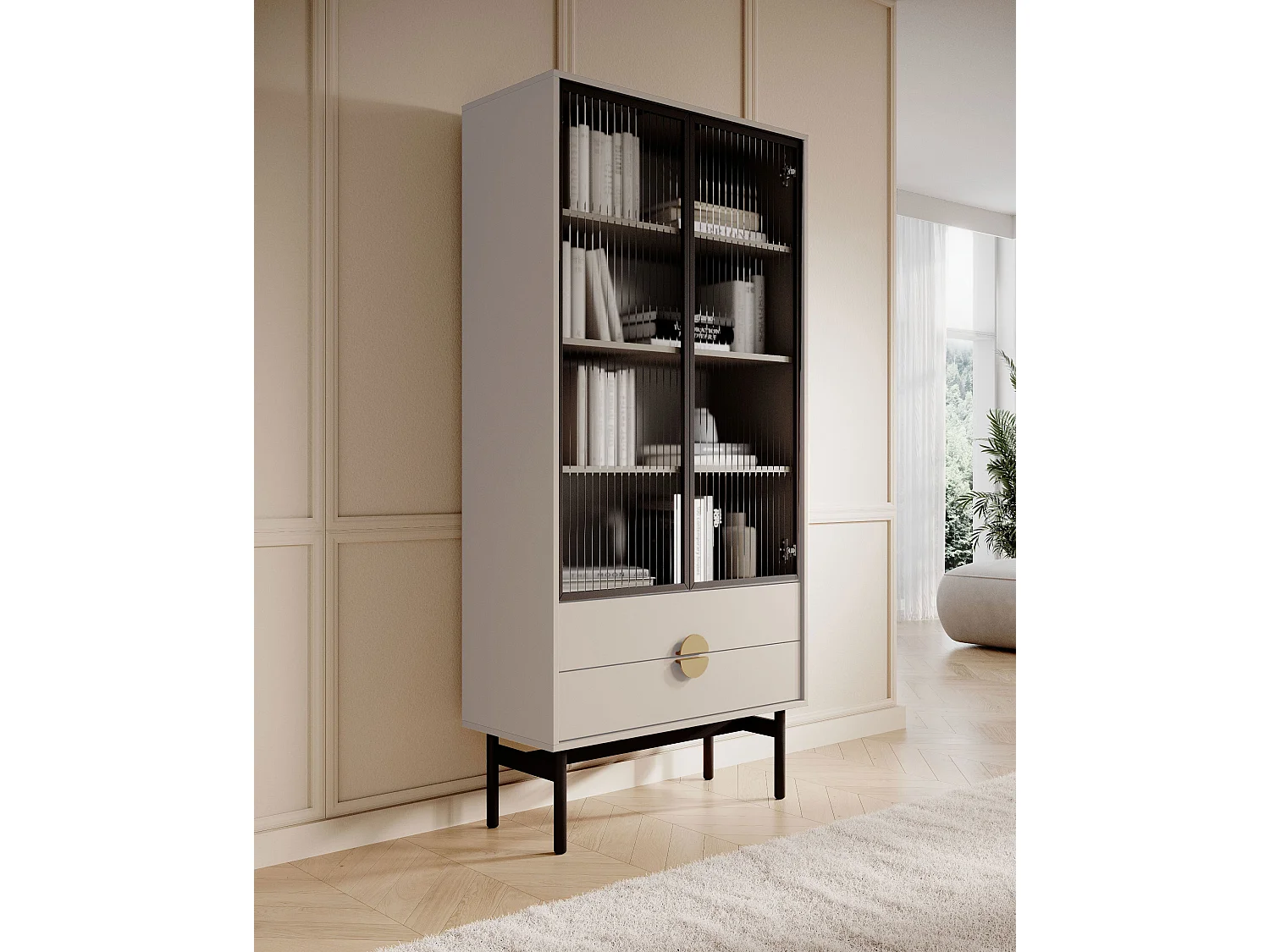 Vitrine mit 3 Regalböden und 2 Schubladen - Taupe - 175 cm - STOON II