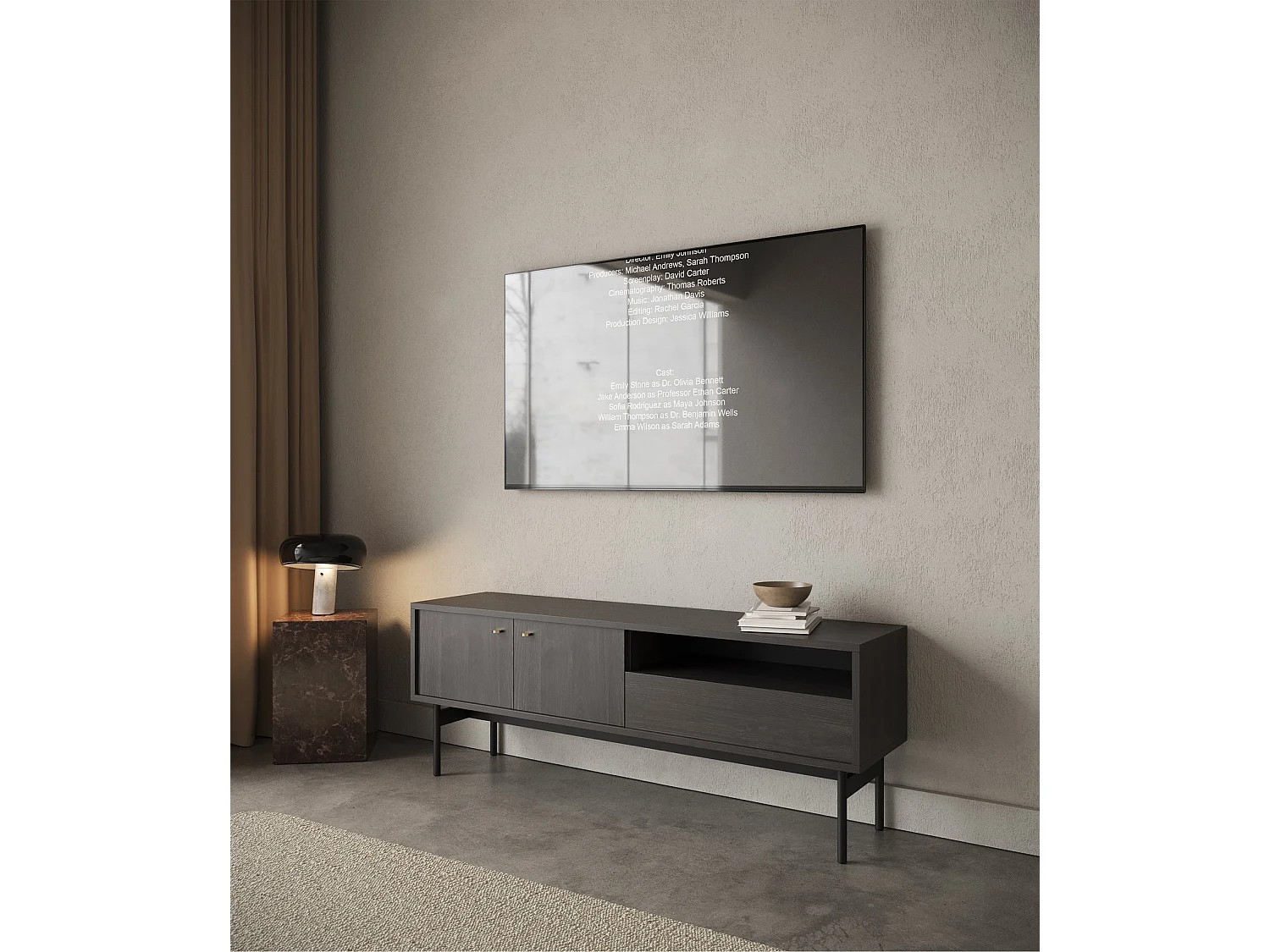 Meuble TV avec 2 portes, 1 tiroir et 1 niche - 154 cm - frêne Portland noir - OLAR II
