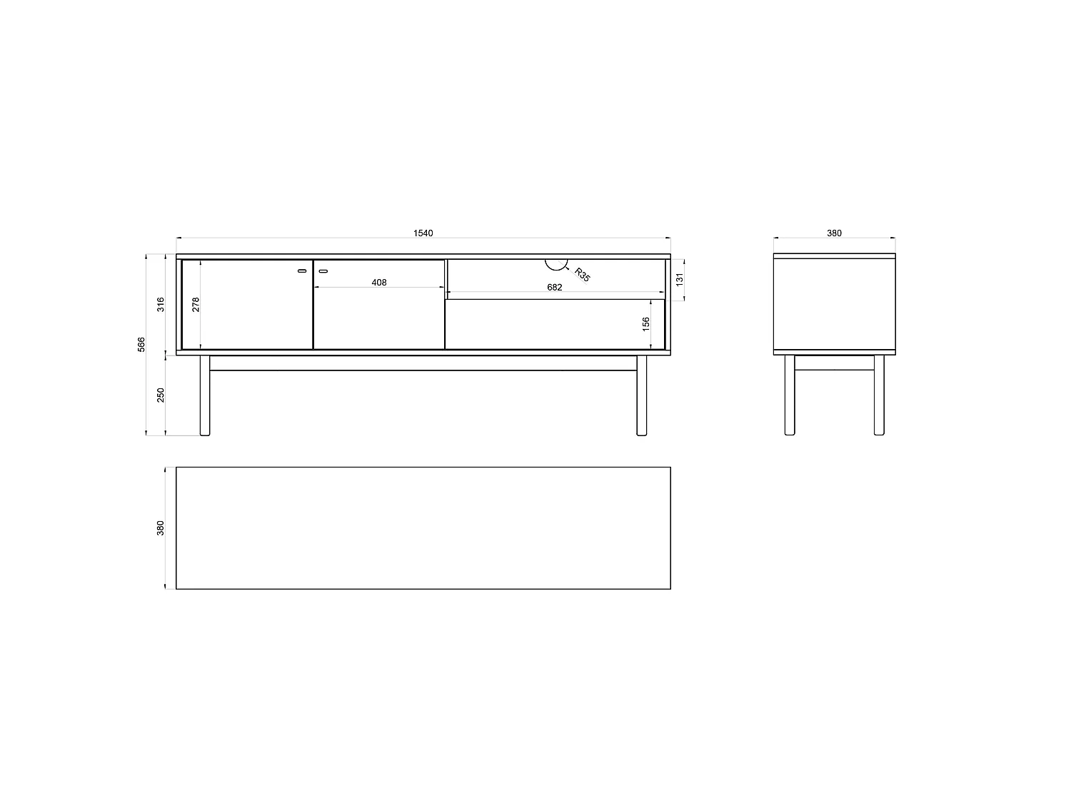 Meuble TV avec 2 portes, 1 tiroir et 1 niche - 154 cm - frêne Portland noir - OLAR II