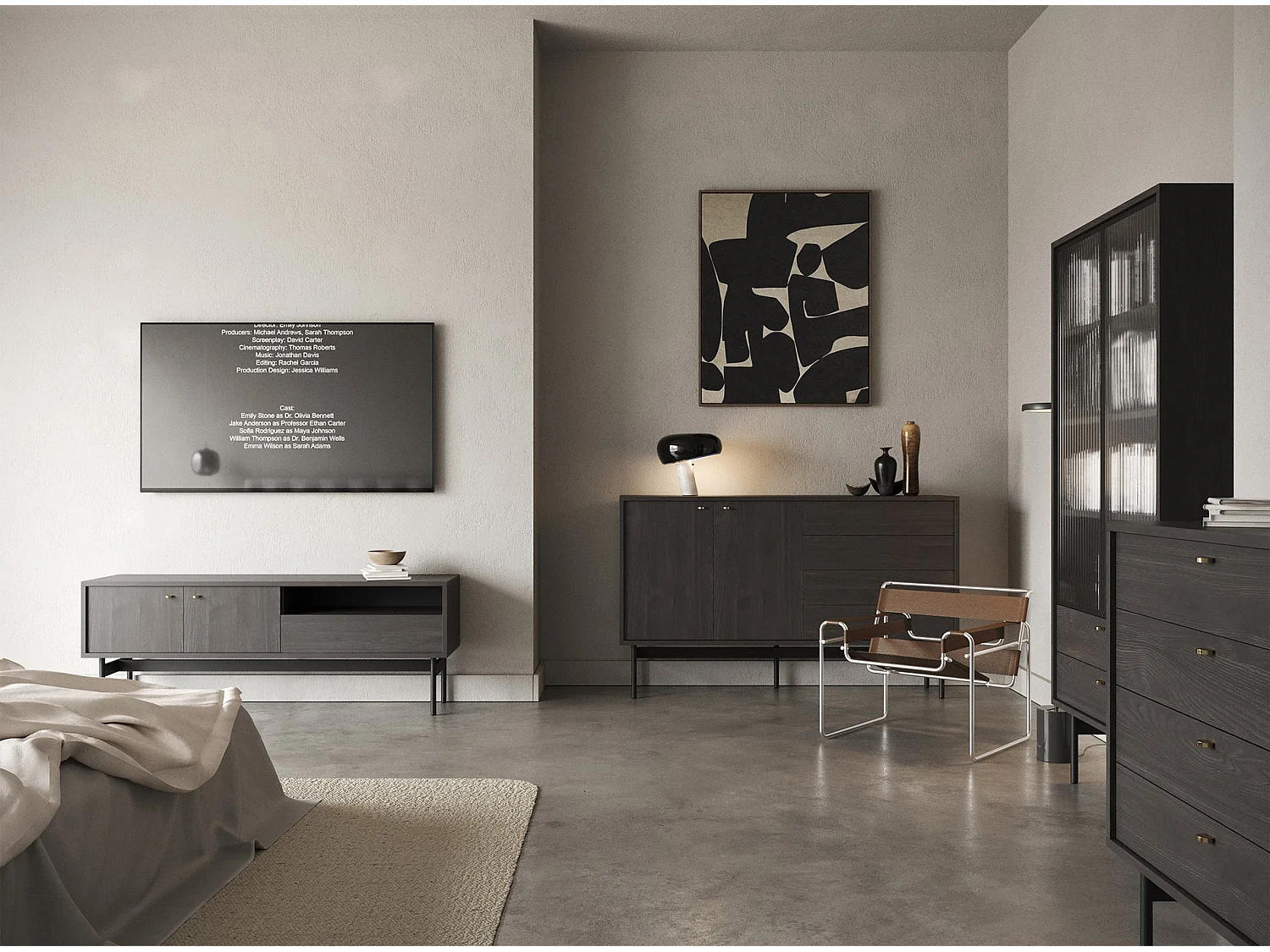Meuble TV avec 2 portes, 1 tiroir et 1 niche - 154 cm - frêne Portland noir - OLAR II