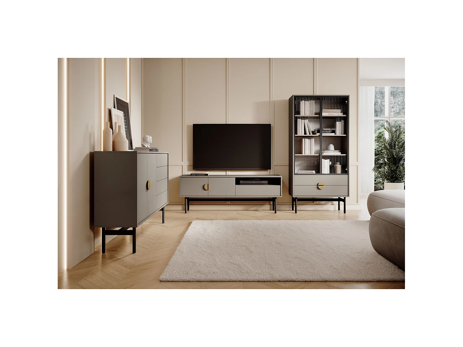 Meuble TV avec 1 tiroir et 1 niche - 154 cm - gris pierre - STOON II