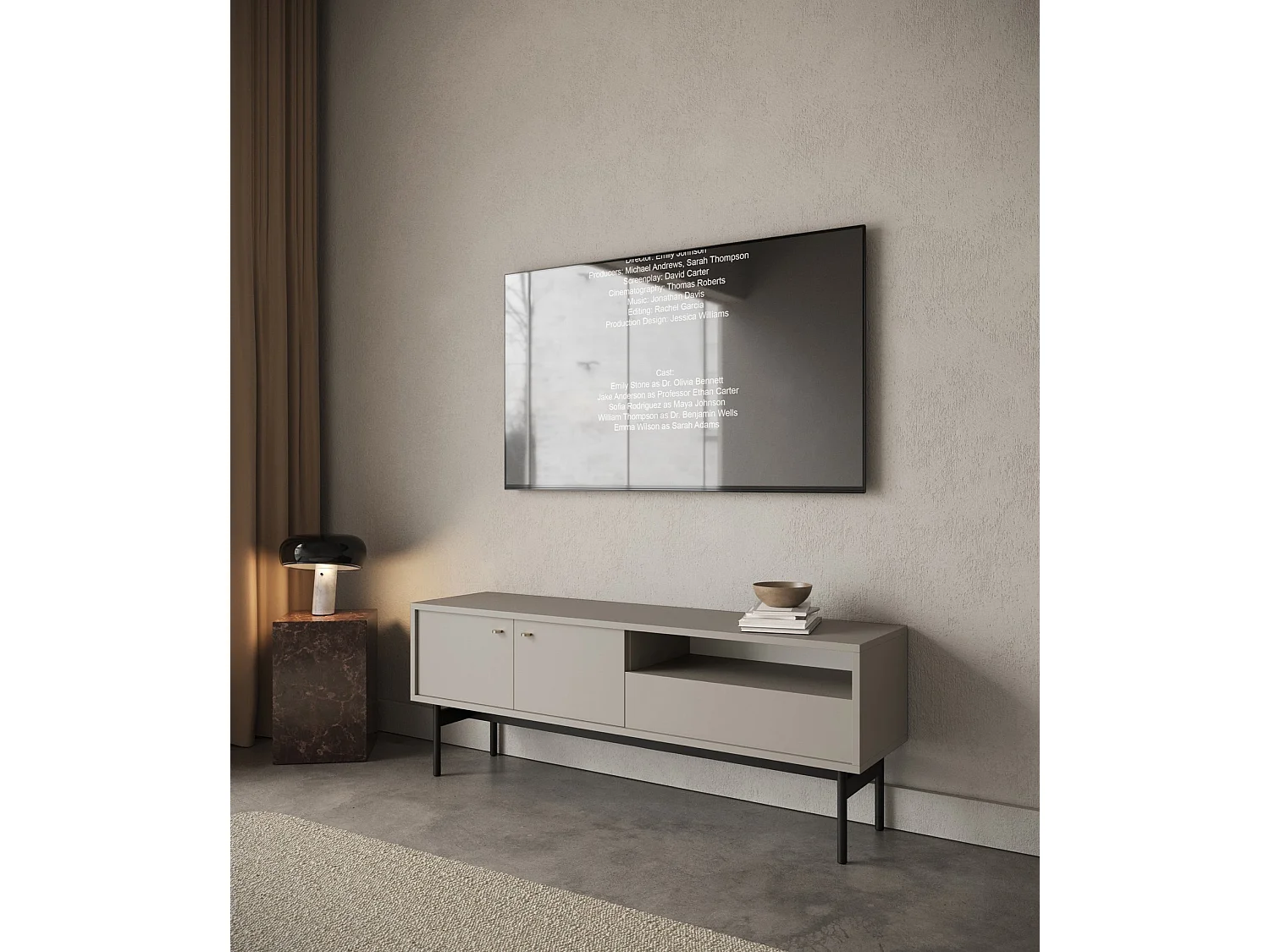 Meuble TV avec 2 portes, 1 tiroir et 1 niche - 154 cm - grège - OLAR II