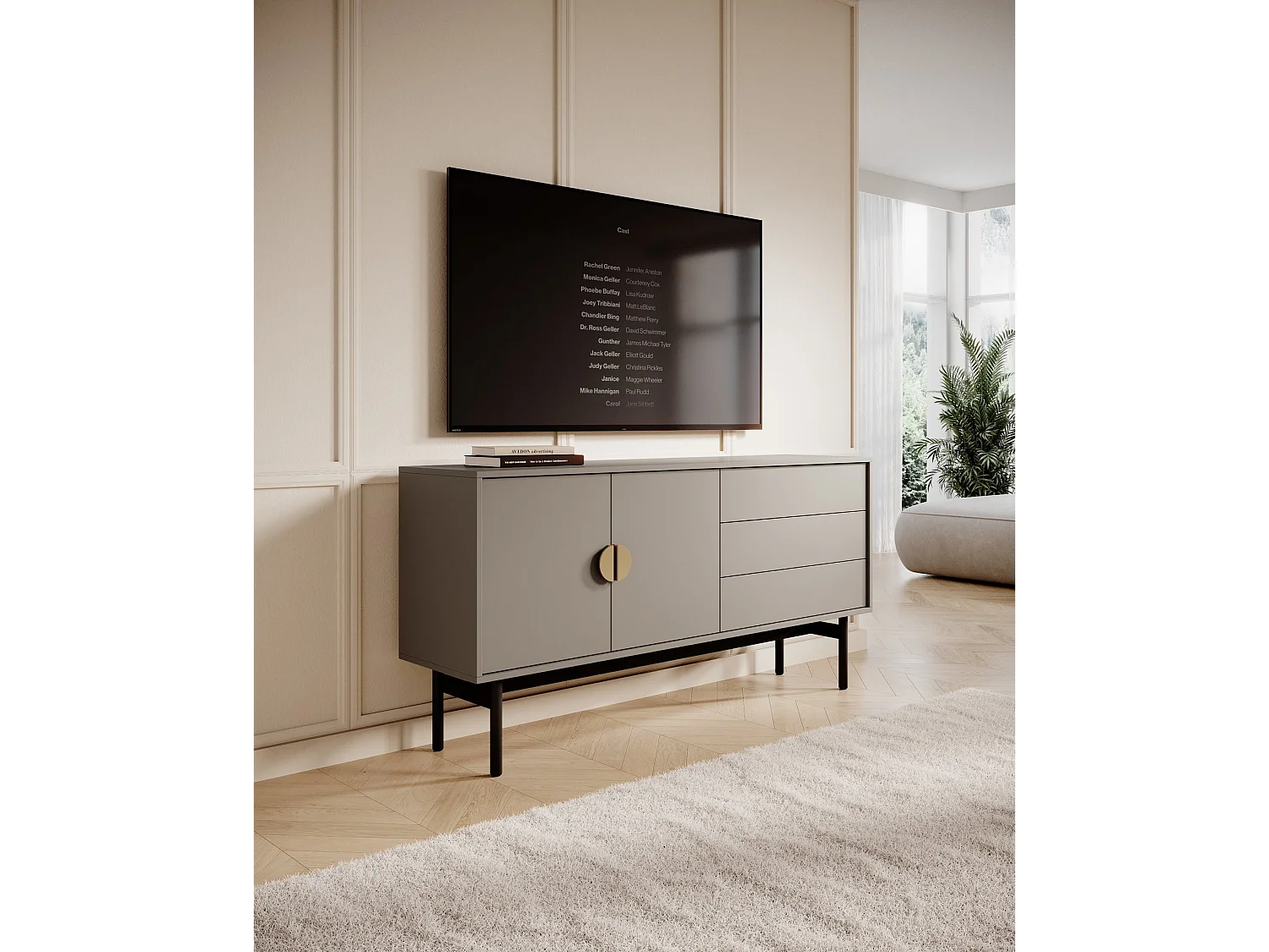 Meuble TV avec 2 portes et 3 tiroirs - 154 cm - gris pierre - STOON II