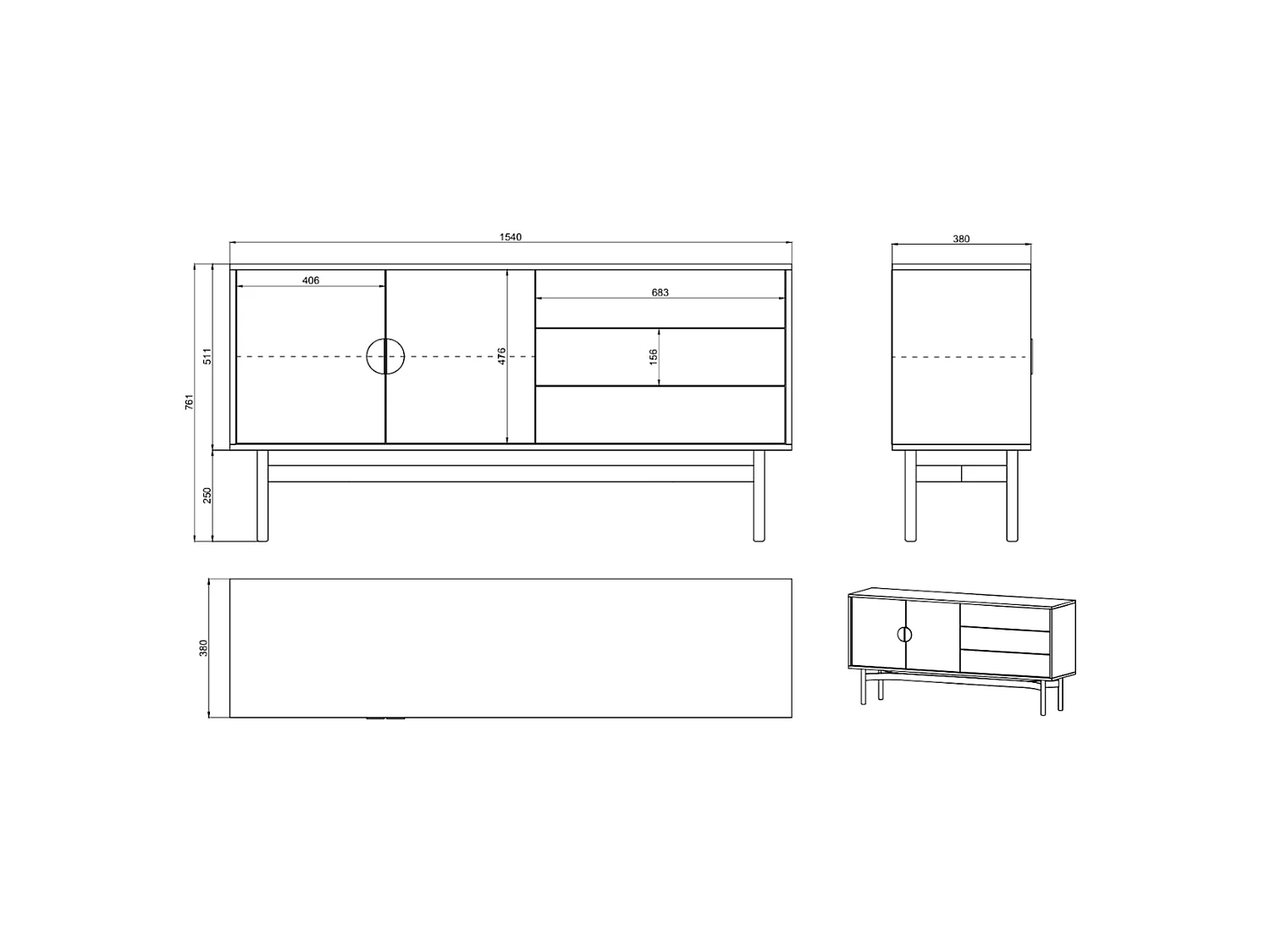 Meuble TV avec 2 portes et 3 tiroirs - 154 cm - gris pierre - STOON II