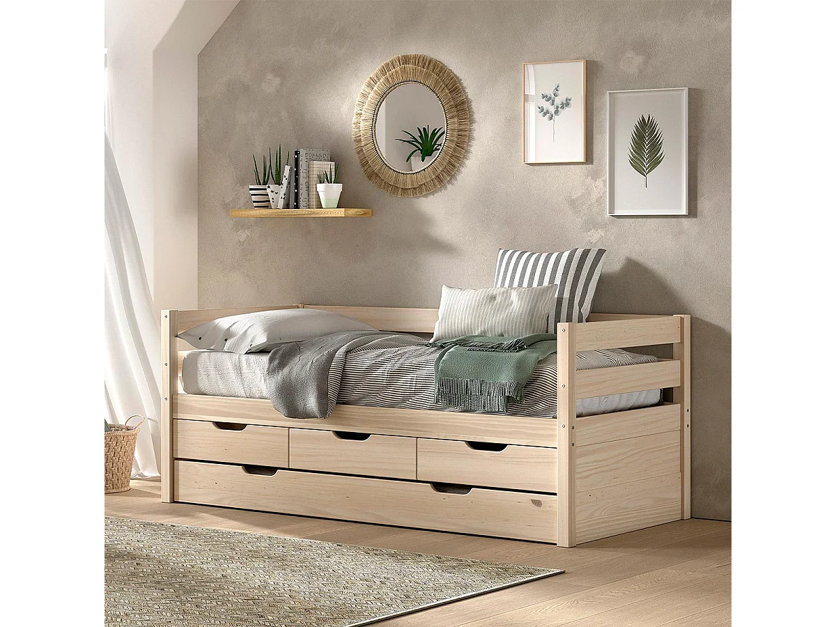 Pack - Lit Capitaine & 4 Tiroirs "Margrit" 90x200cm Naturel