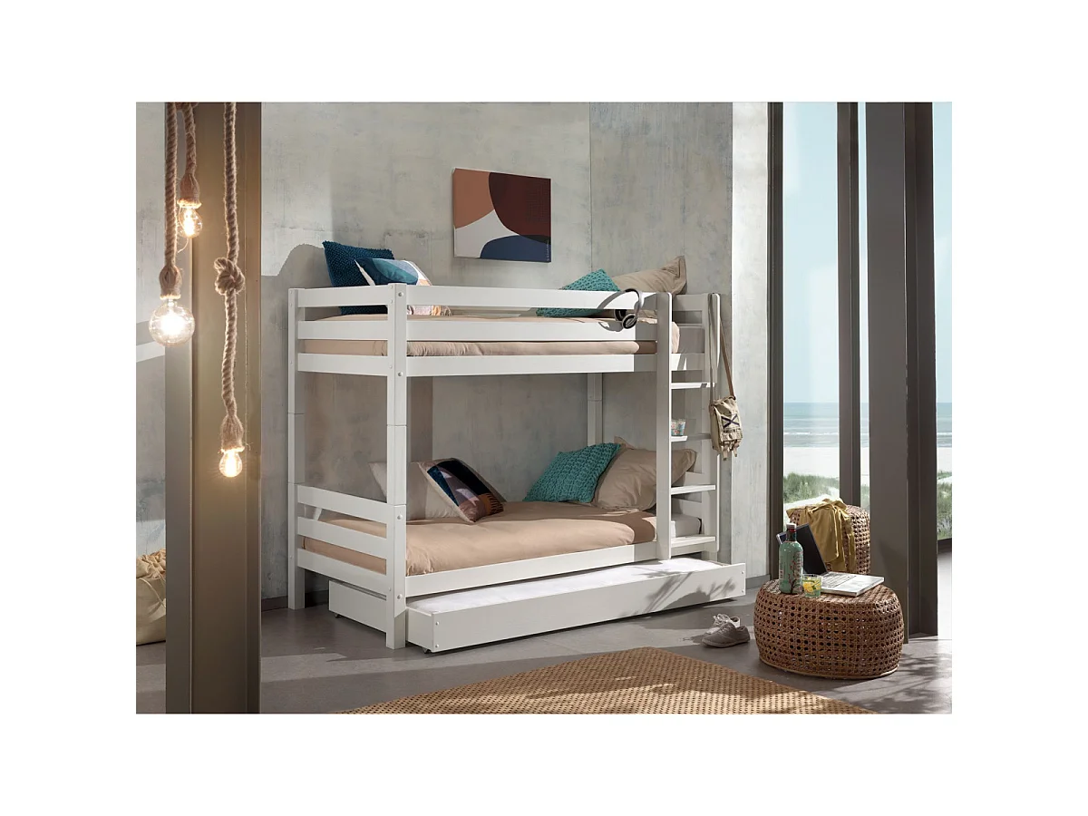 Pack - Lit Superposé Enfant & Tiroir "Pino" 161cm Blanc