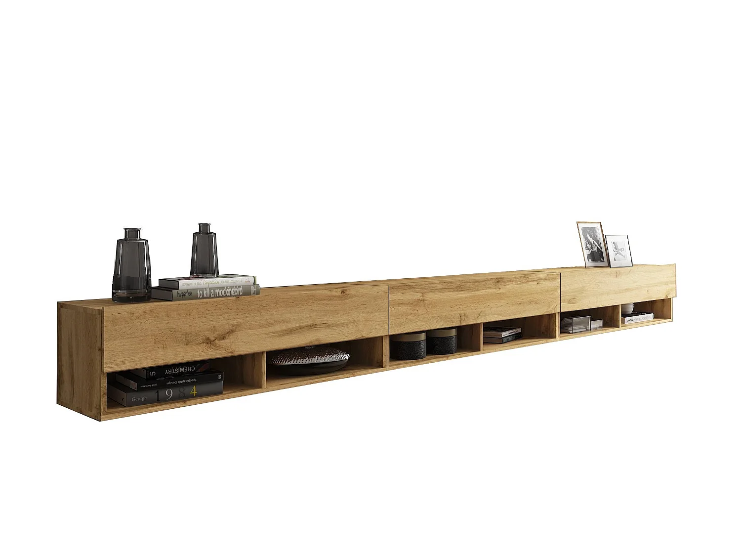 TV-Schrank 300x30x33 cm, Lowboard, mit Türen und Offene Nischen, Farbe: Wotan Eiche