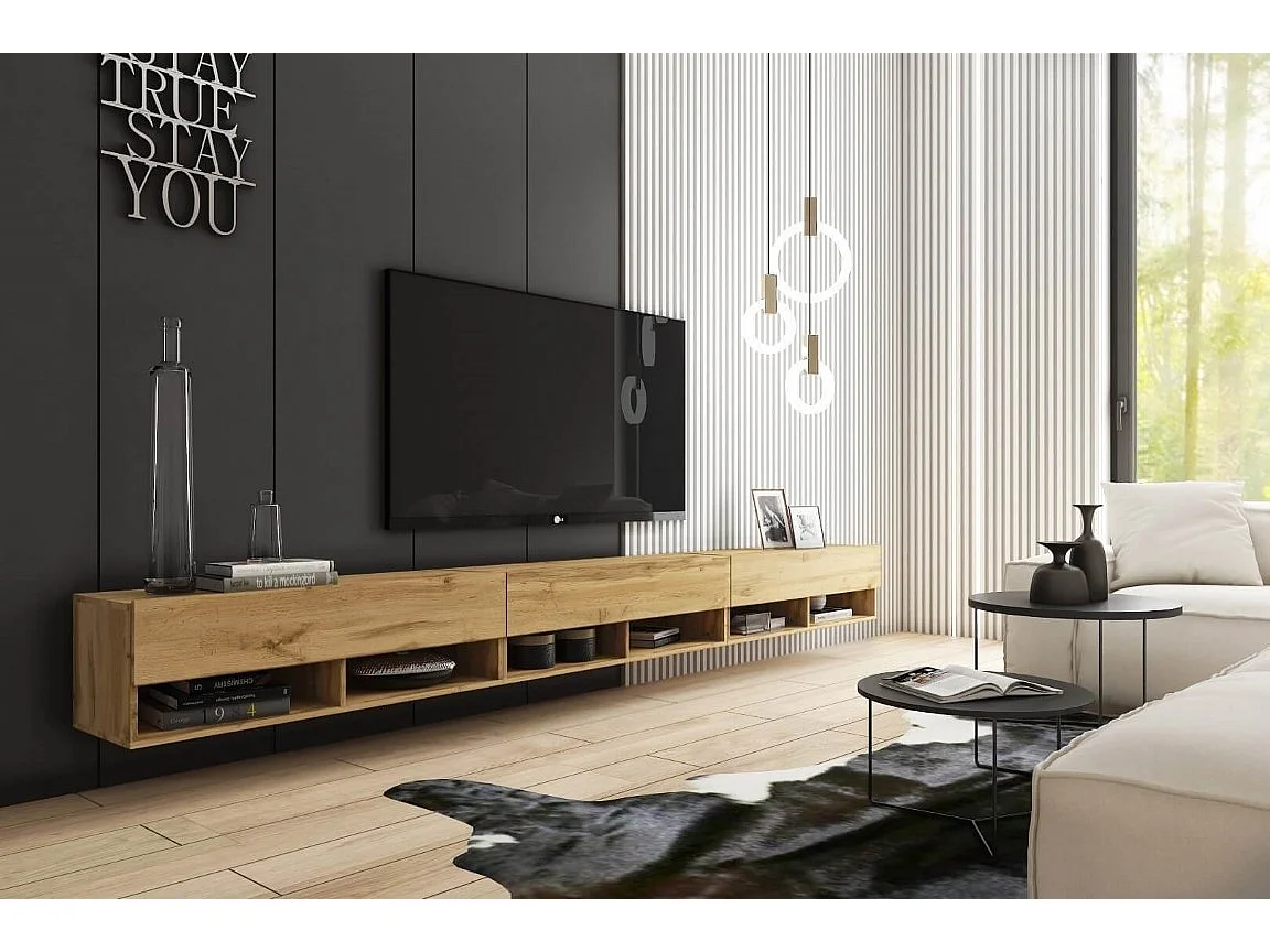 TV-Schrank 300x30x33 cm, Lowboard, mit Türen und Offene Nischen, Farbe: Wotan Eiche