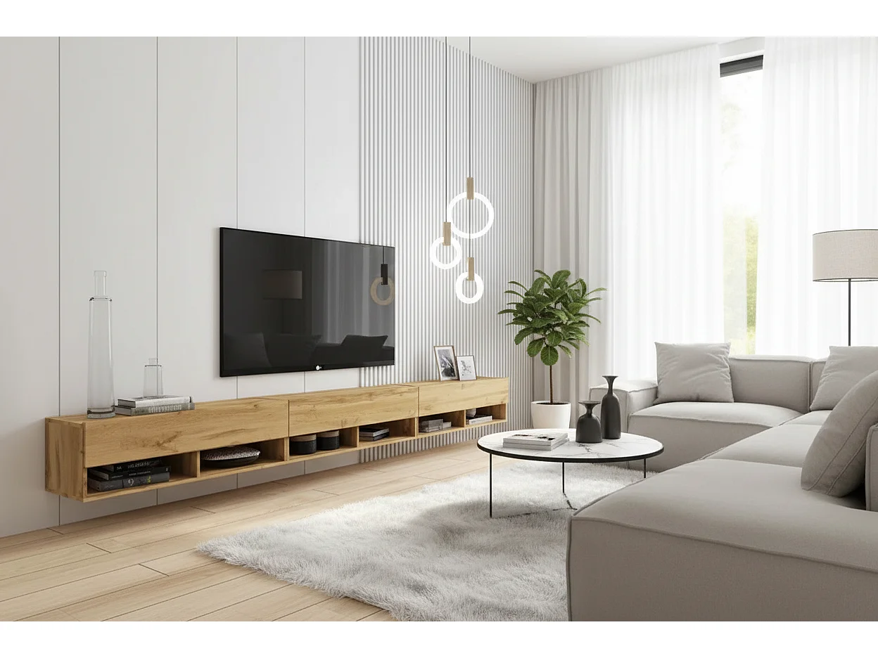 TV-Schrank 300x30x33 cm, Lowboard, mit Türen und Offene Nischen, Farbe: Wotan Eiche