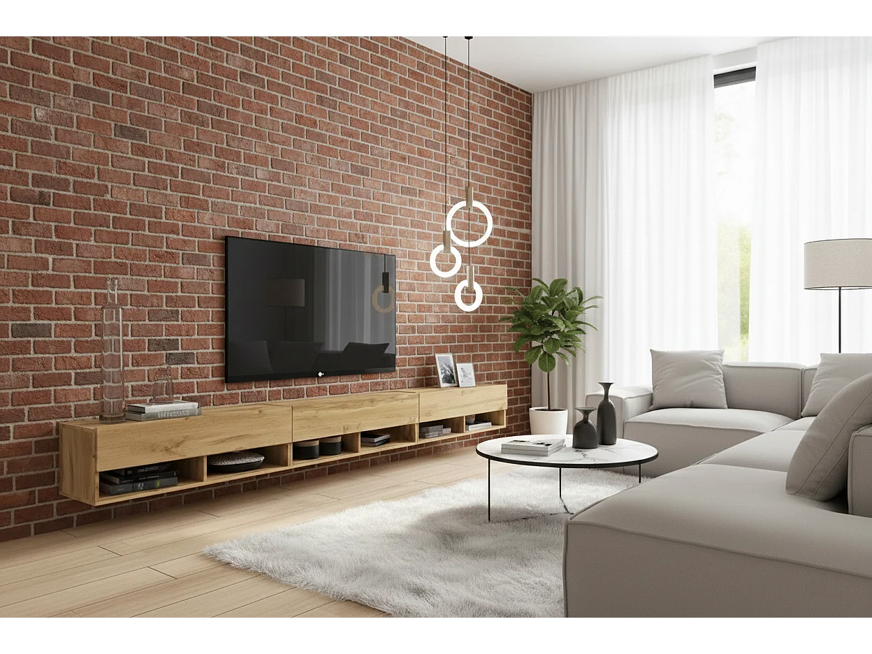 TV-Schrank 300x30x33 cm, Lowboard, mit Türen und Offene Nischen, Farbe: Wotan Eiche