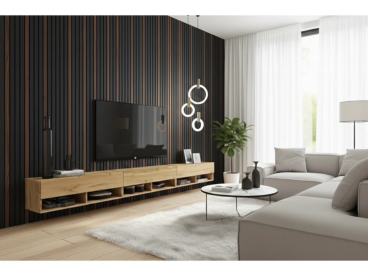 TV-Schrank 300x30x33 cm, Lowboard, mit Türen und Offene Nischen, Farbe: Wotan Eiche