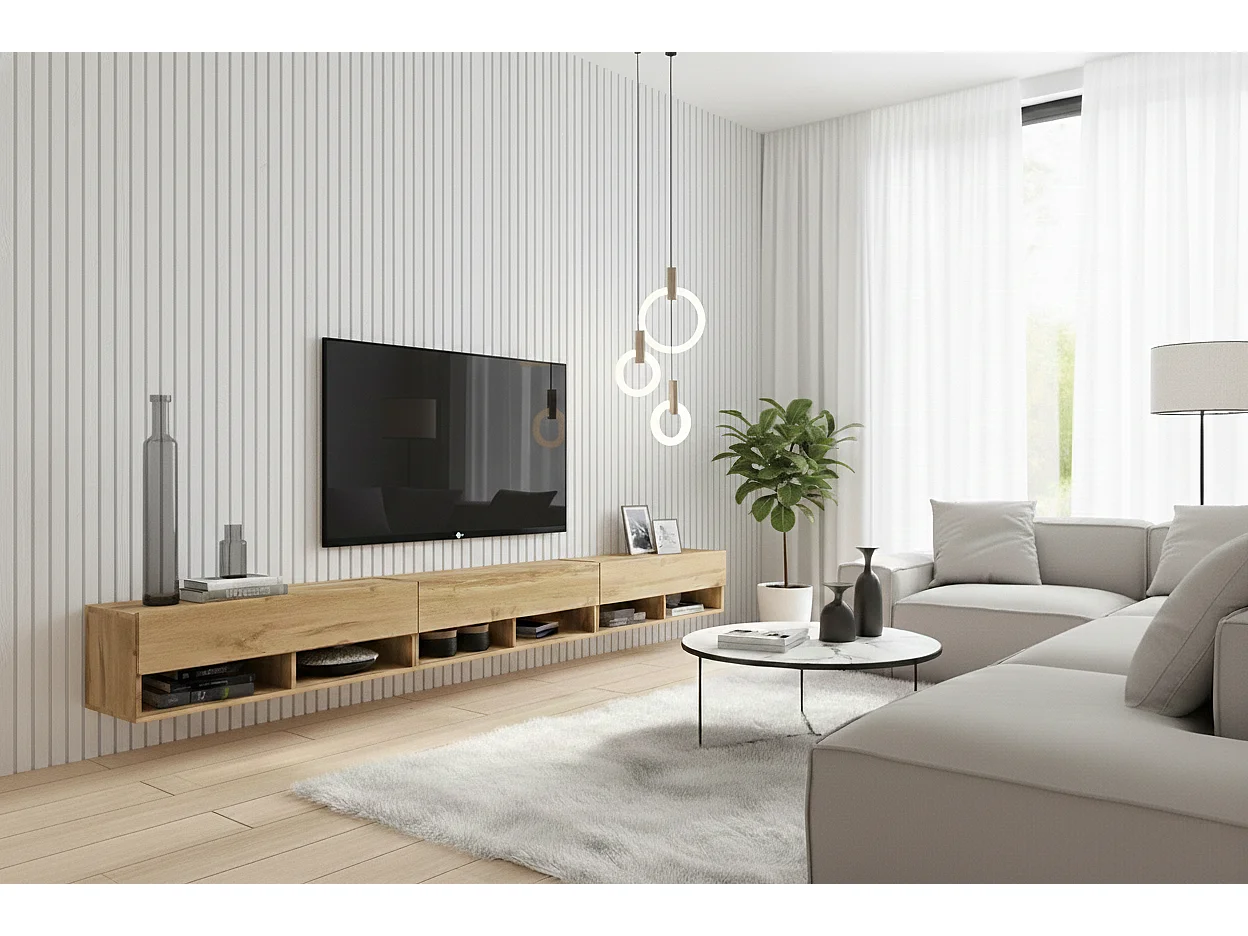 TV-Schrank 300x30x33 cm, Lowboard, mit Türen und Offene Nischen, Farbe: Wotan Eiche