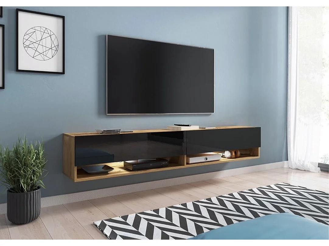 TV-Schrank 180x30x33 cm, Lowboard, mit Türen und Offene Nischen, Farbe: Wotan Eiche / Schwarz Hochglanz - mit LED Beleuchtung