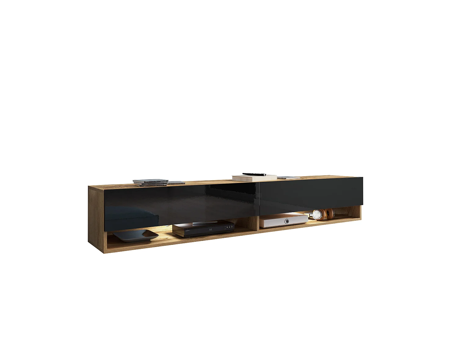 TV-Schrank 180x30x33 cm, Lowboard, mit Türen und Offene Nischen, Farbe: Wotan Eiche / Schwarz Hochglanz - mit LED Beleuchtung