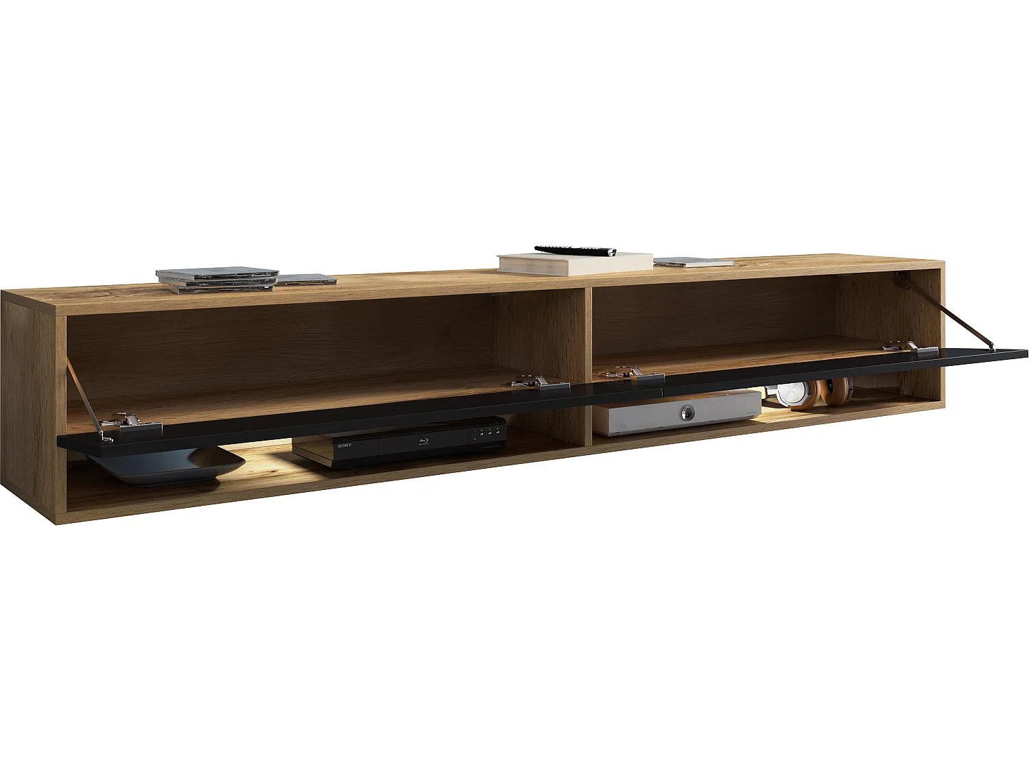 TV-Schrank 180x30x33 cm, Lowboard, mit Türen und Offene Nischen, Farbe: Wotan Eiche / Schwarz Hochglanz - mit LED Beleuchtung
