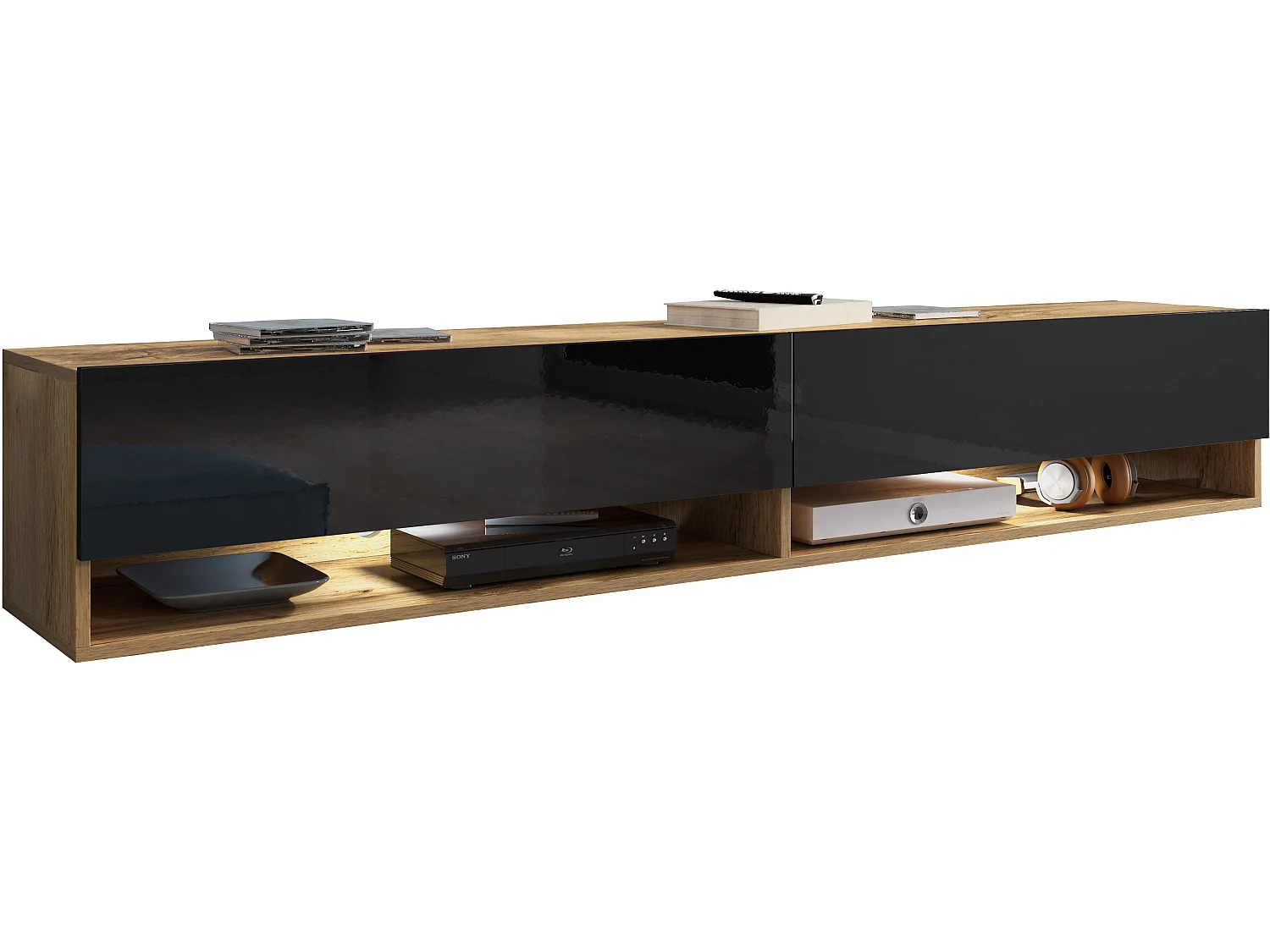 TV-Schrank 180x30x33 cm, Lowboard, mit Türen und Offene Nischen, Farbe: Wotan Eiche / Schwarz Hochglanz - mit LED Beleuchtung