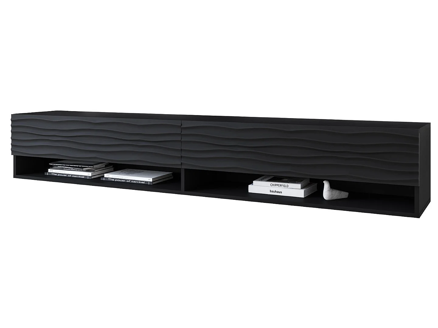 TV-Schrank 180x30x33 cm, Lowboard, mit Türen und Offene Nischen, Farbe: Schwarz matt mit 3D MDF-Wellenmuster
