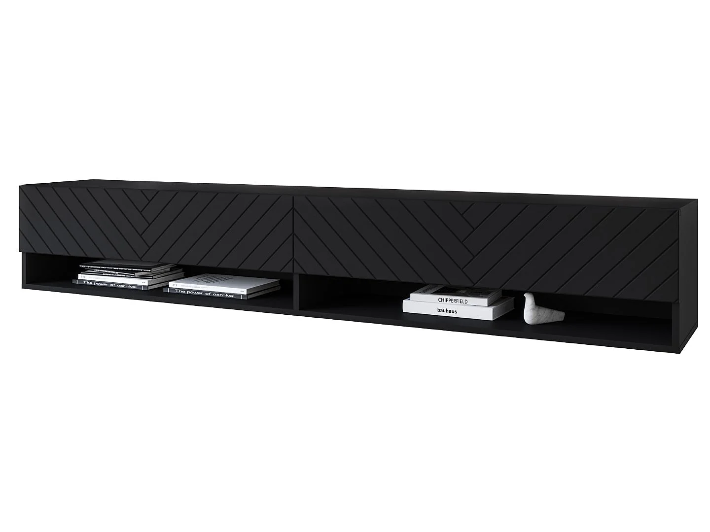 Meuble TV 180 x 30 x 33 cm, bas, avec portes et niches ouvertes, coloris : noir mat à motif chevrons 3D
