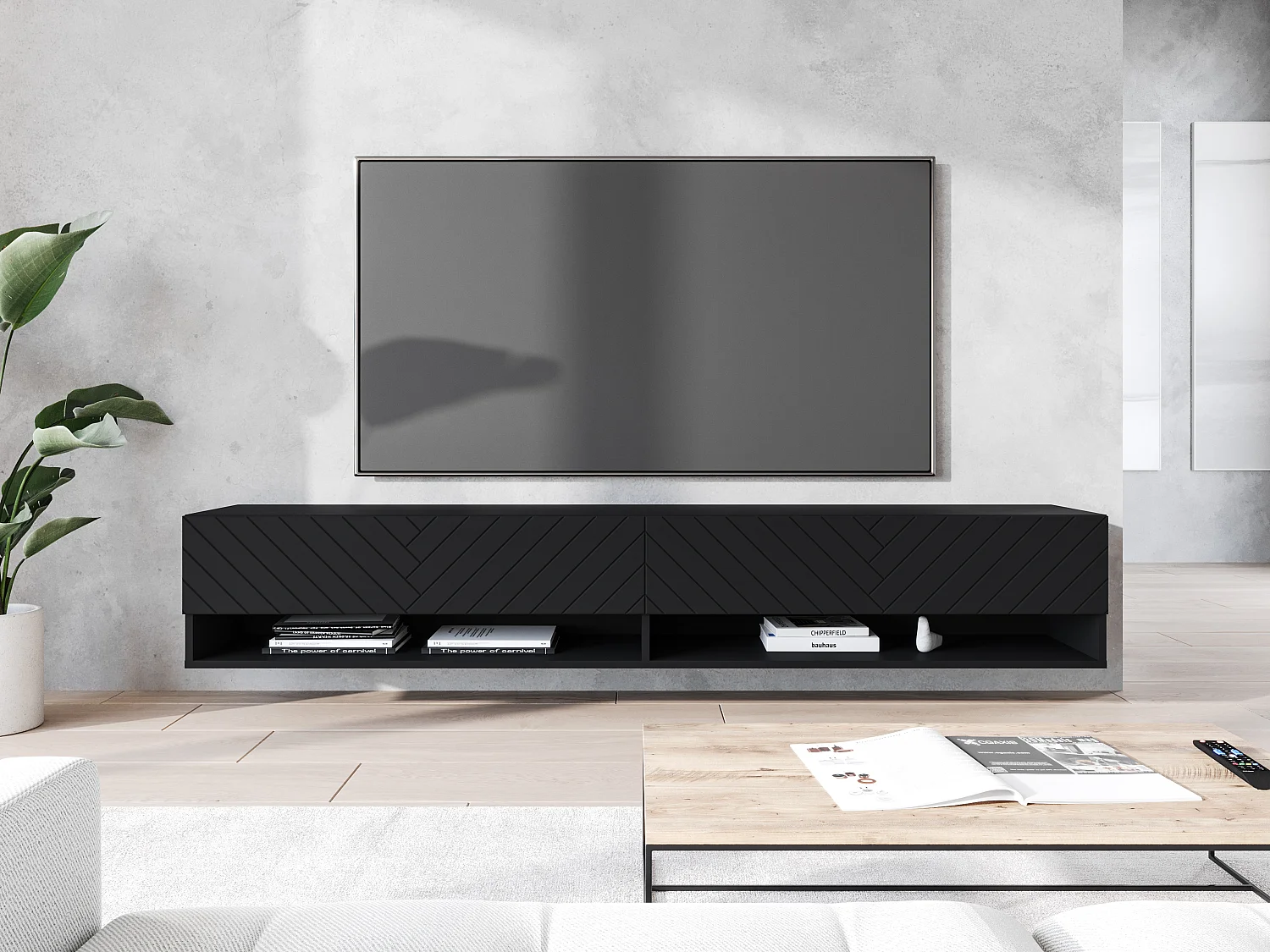 Meuble TV 180 x 30 x 33 cm, bas, avec portes et niches ouvertes, coloris : noir mat à motif chevrons 3D