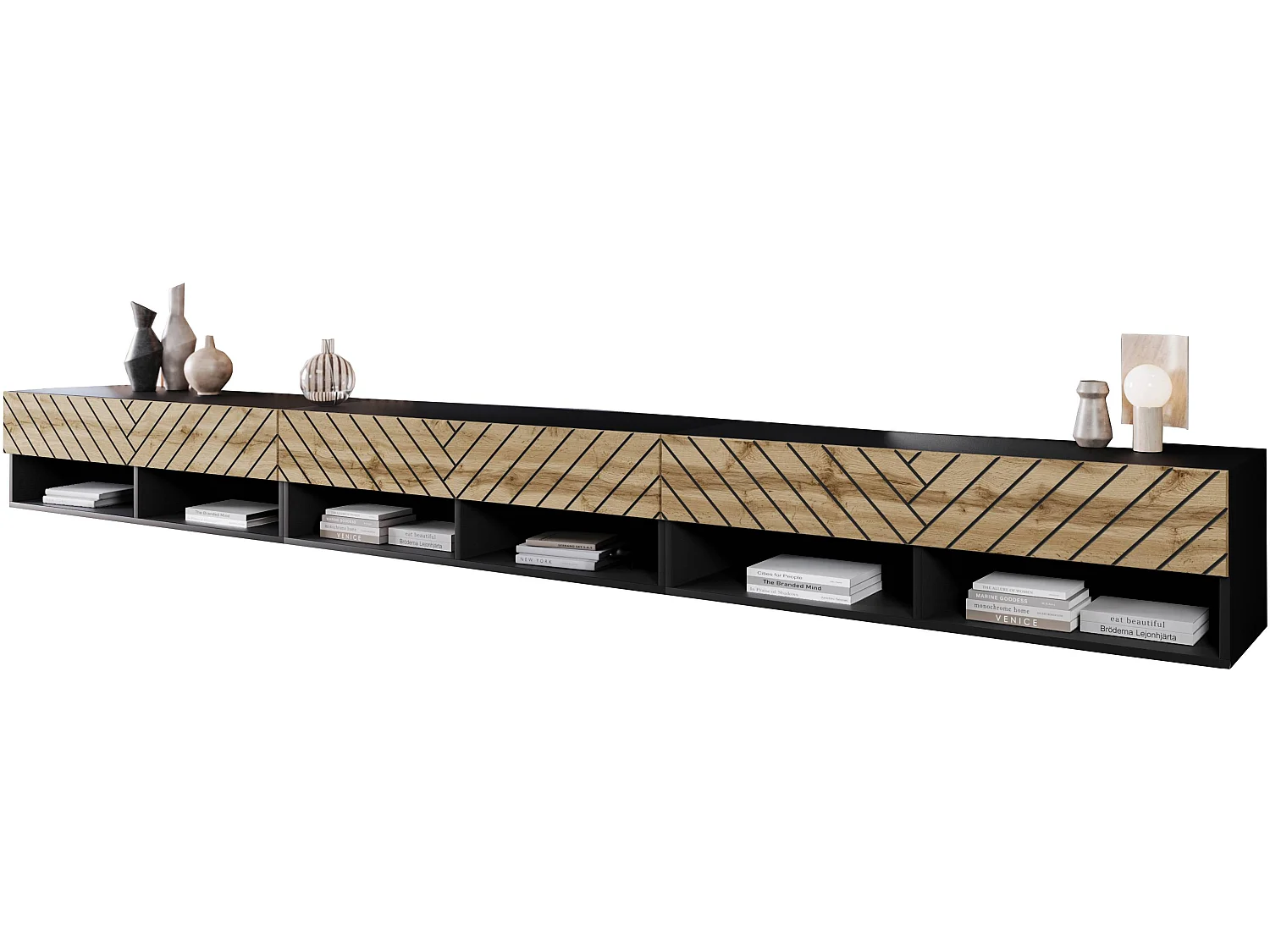 TV-Schrank 300x30x33 cm, Lowboard, mit Türen und Offene Nischen, Farbe: Schwarz matt / Eiche Wotan mit 3D-Fischgrätmuster