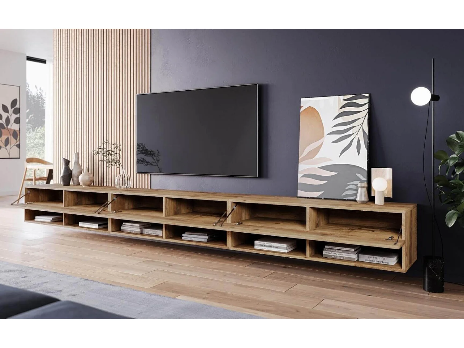 TV-Schrank 300x30x33 cm, Lowboard, mit Türen und Offene Nischen, Farbe: Kastanien Breslau