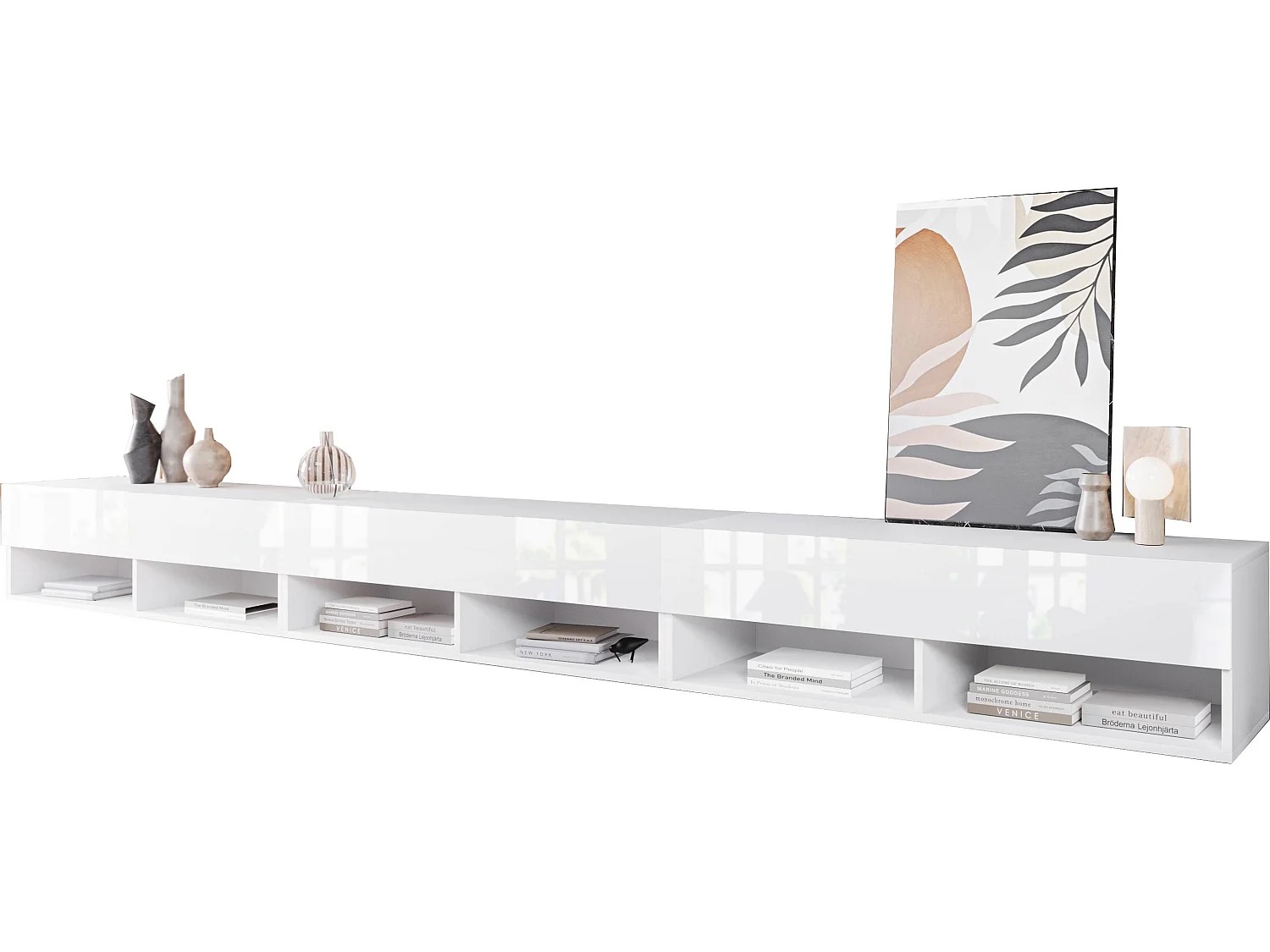 TV-meubel 300x30x33 cm, laag model, met deuren en open vakken, kleur: mat wit / hoogglans wit