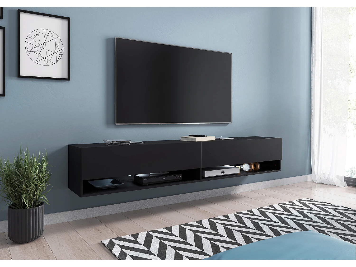 TV-Schrank 180x30x33 cm, Lowboard, mit Türen und Offene Nischen, Farbe: Schwarz matt - mit LED Beleuchtung