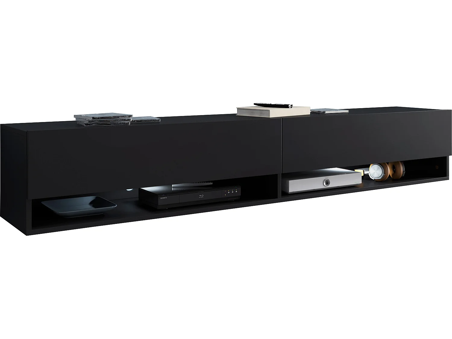 TV-Schrank 180x30x33 cm, Lowboard, mit Türen und Offene Nischen, Farbe: Schwarz matt - mit LED Beleuchtung