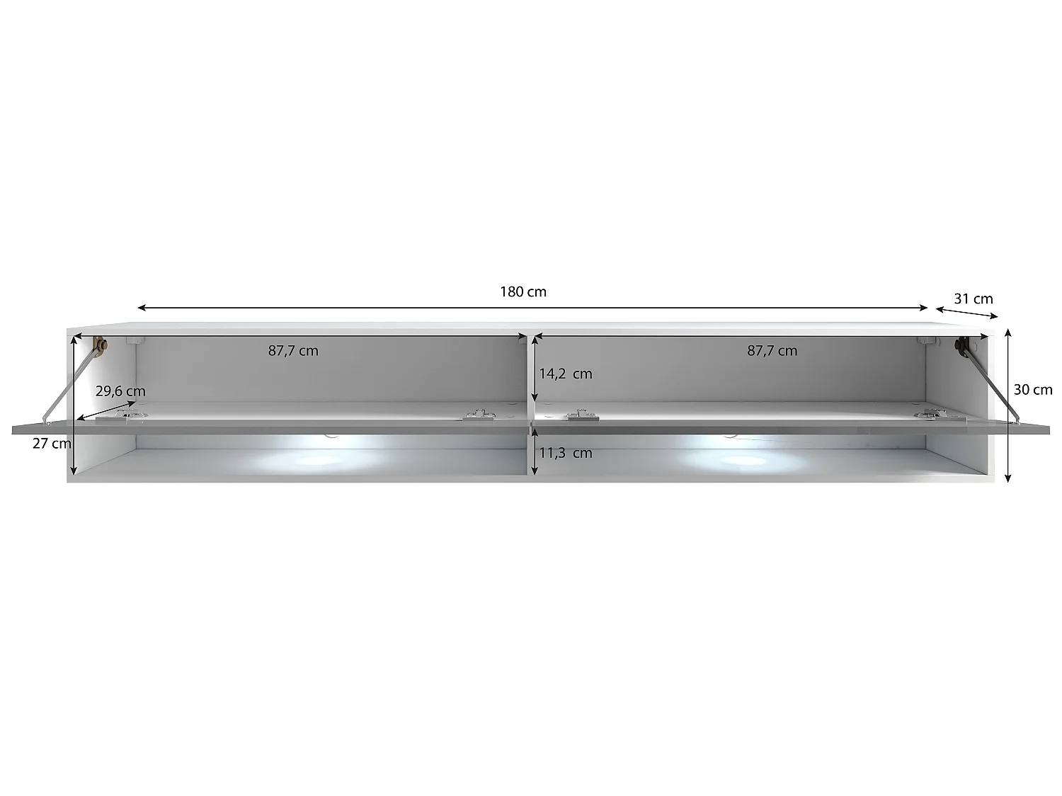 TV-Schrank 180x30x33 cm, Lowboard, mit Türen und Offene Nischen, Farbe: Schwarz matt - mit LED Beleuchtung
