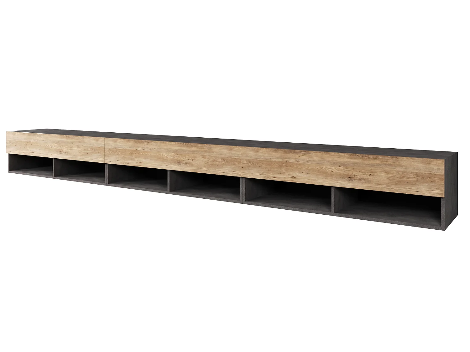 TV-Schrank 300x30x33 cm, Lowboard, mit Türen und Offene Nischen, Farbe: Kastanien Breslau / Matera Graphit - mit LED Beleuchtung