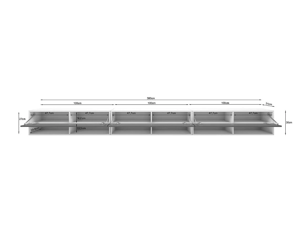 TV-Schrank 300x30x33 cm, Lowboard, mit Türen und Offene Nischen, Farbe: Kastanien Breslau / Matera Graphit - mit LED Beleuchtung