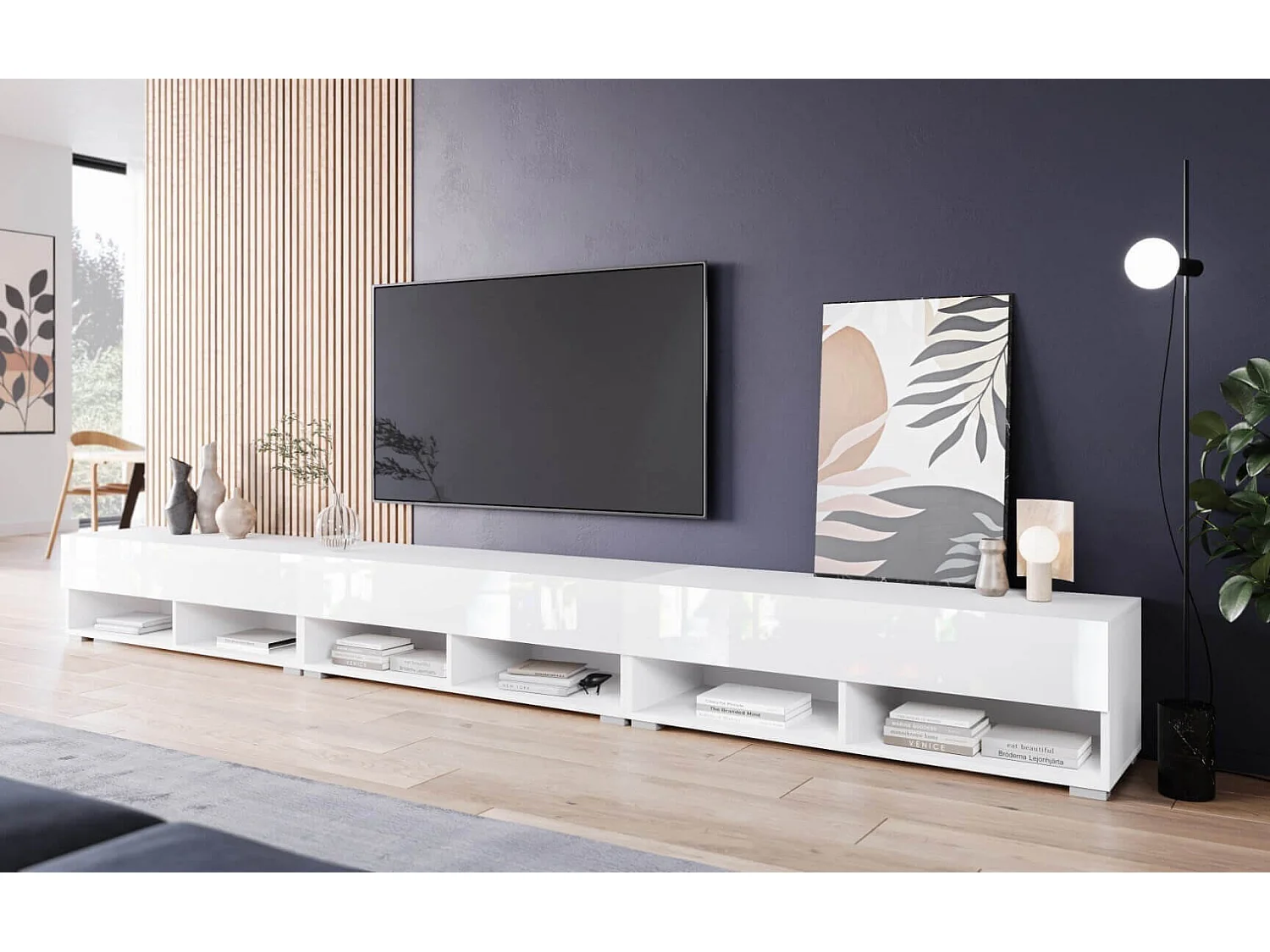 TV-Schrank 300x30x33 cm, Lowboard, mit Türen und Offene Nischen, Farbe: Weiß  mat / Weiß Hochglanz - mit LED Beleuchtung