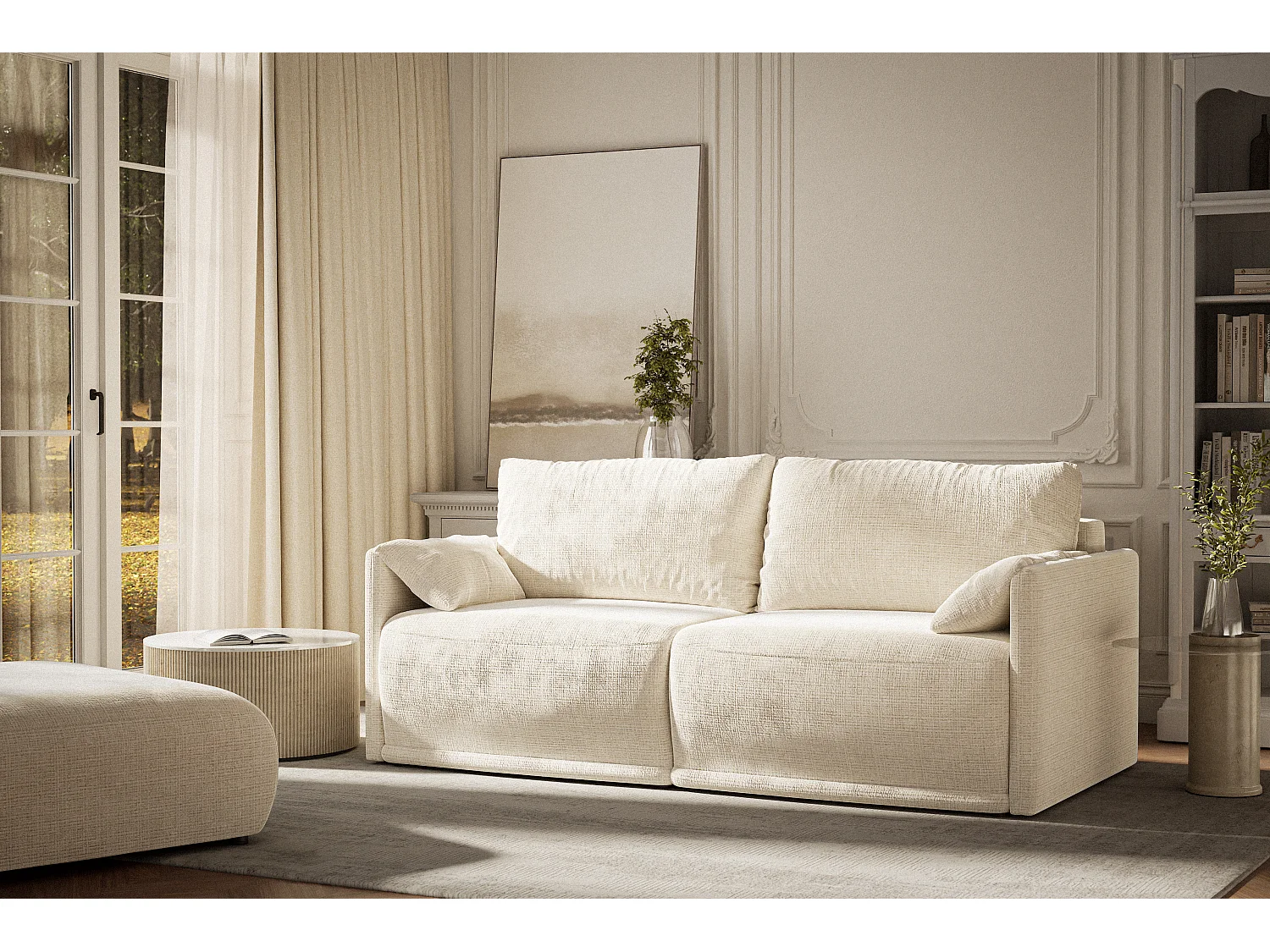 Canapé 3 places convertible en tissu chenille creme NAPPA