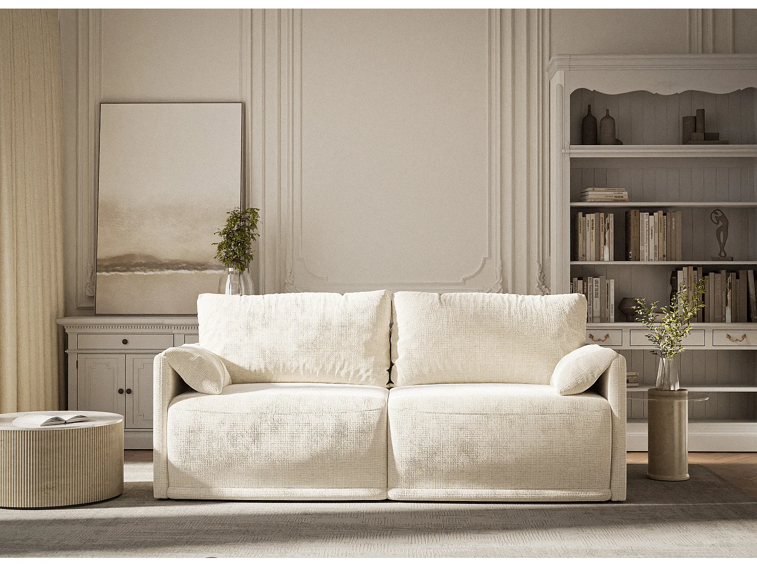 Canapé 3 places convertible en tissu chenille creme NAPPA