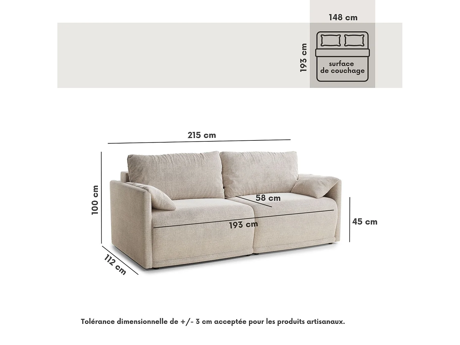 Canapé 3 places convertible en tissu chenille creme NAPPA