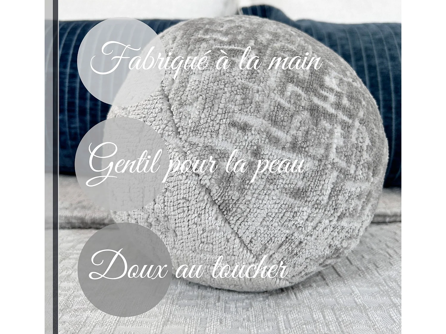 Lot de 3 coussins rond en tissu chenille gris - diametre: 13, 20, 30 cm - Happy Pill