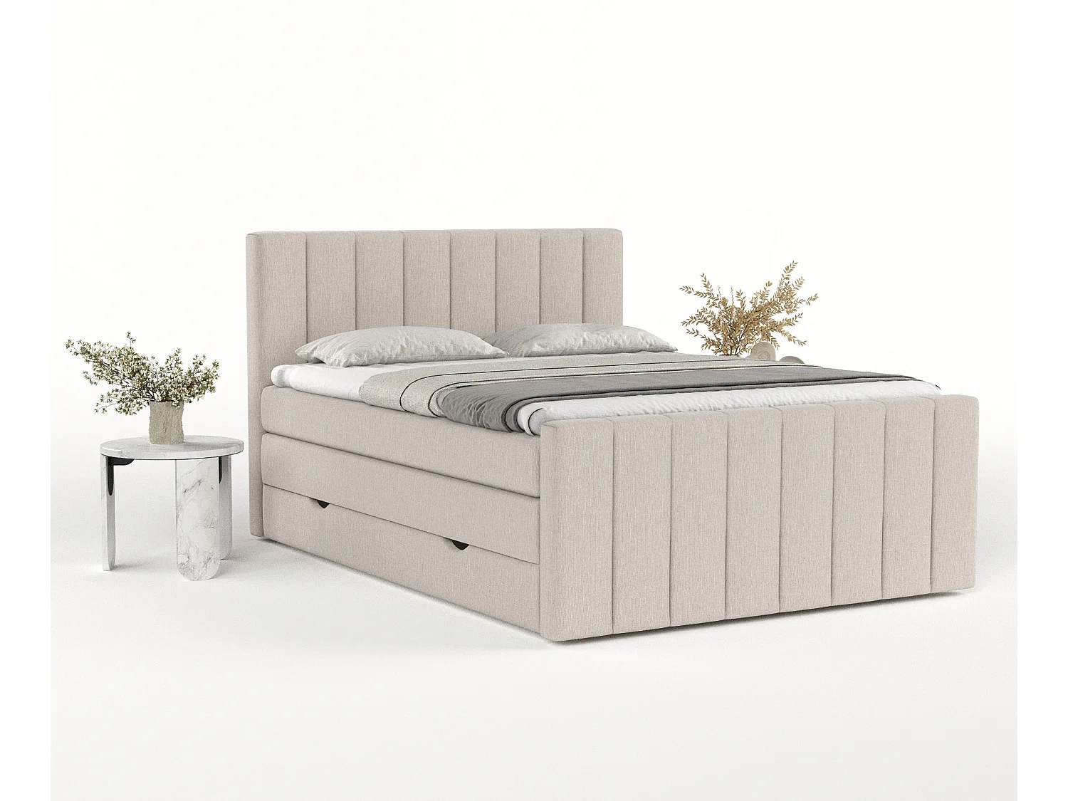Set compleet bed met hoofdbord + opbergruimte + matrasse + dekmatrasse - 140 x 200 cm - Geweven stof - Beige - RUBY