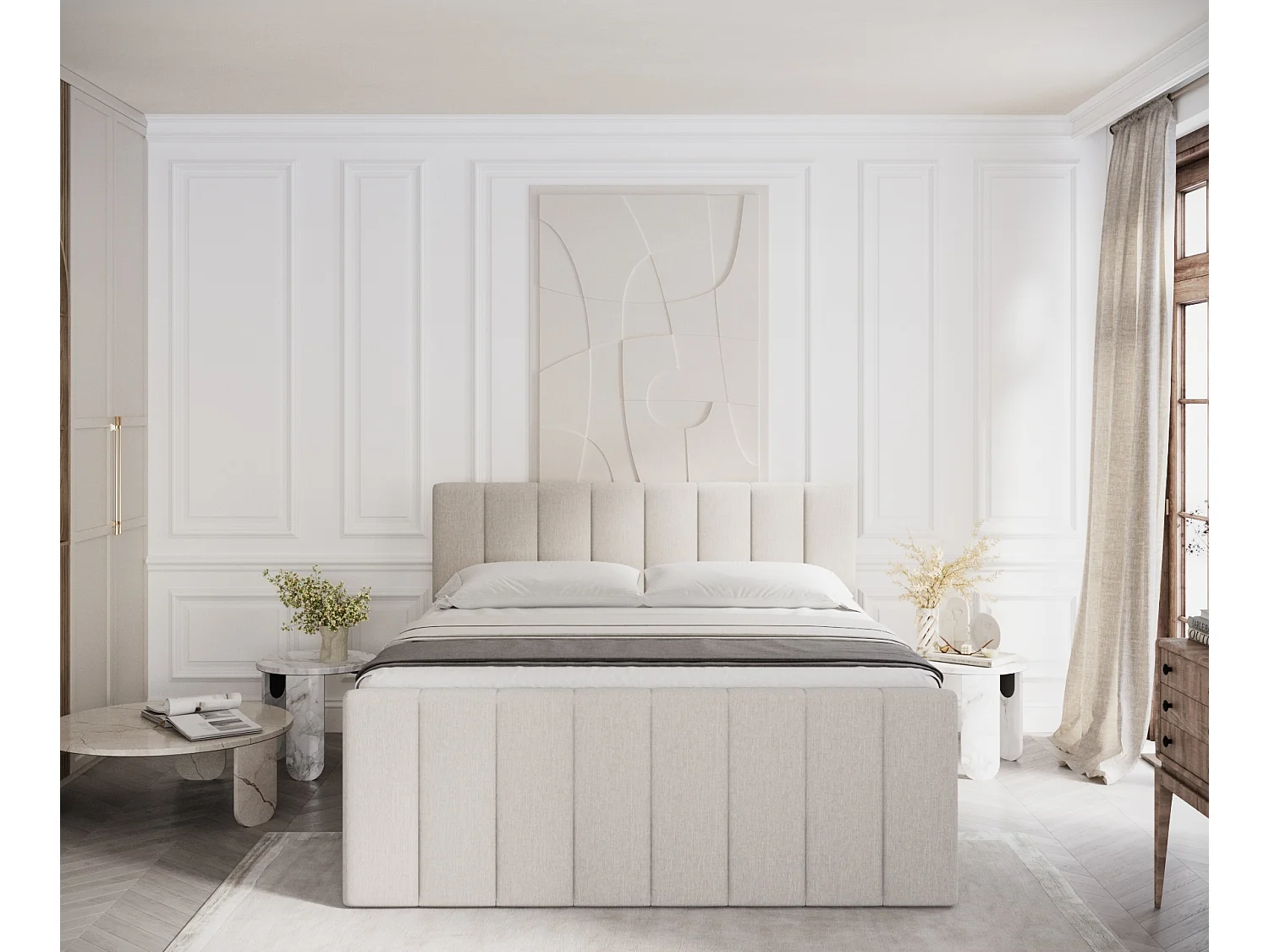 Set compleet bed met hoofdbord + opbergruimte + matrasse + dekmatrasse - 140 x 200 cm - Geweven stof - Beige - RUBY