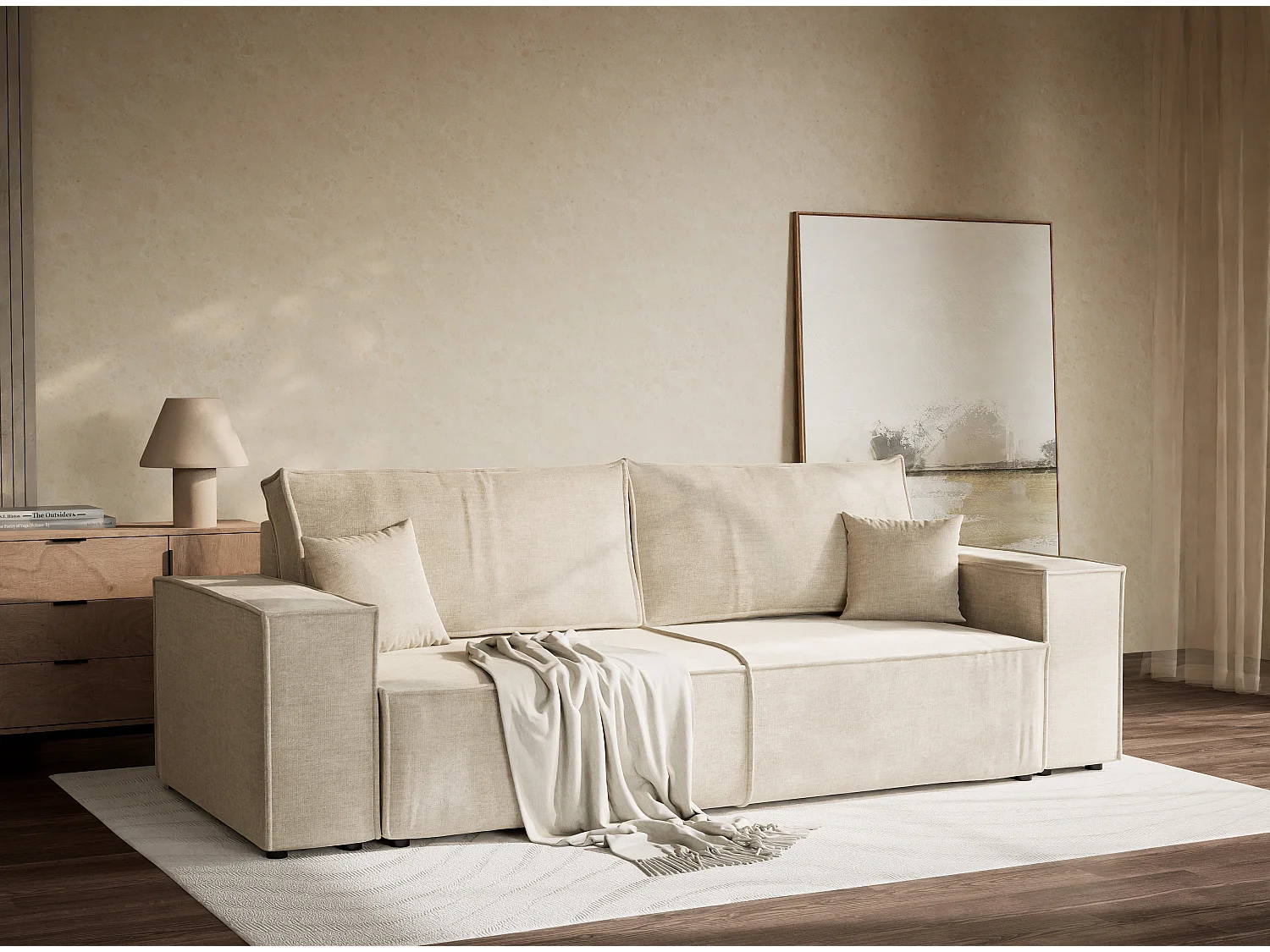Canapé 3 places convertible en tissu chenille beige MILOS