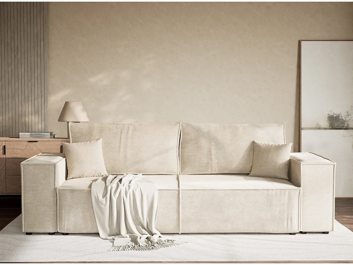 Canapé 3 places convertible en tissu chenille beige MILOS