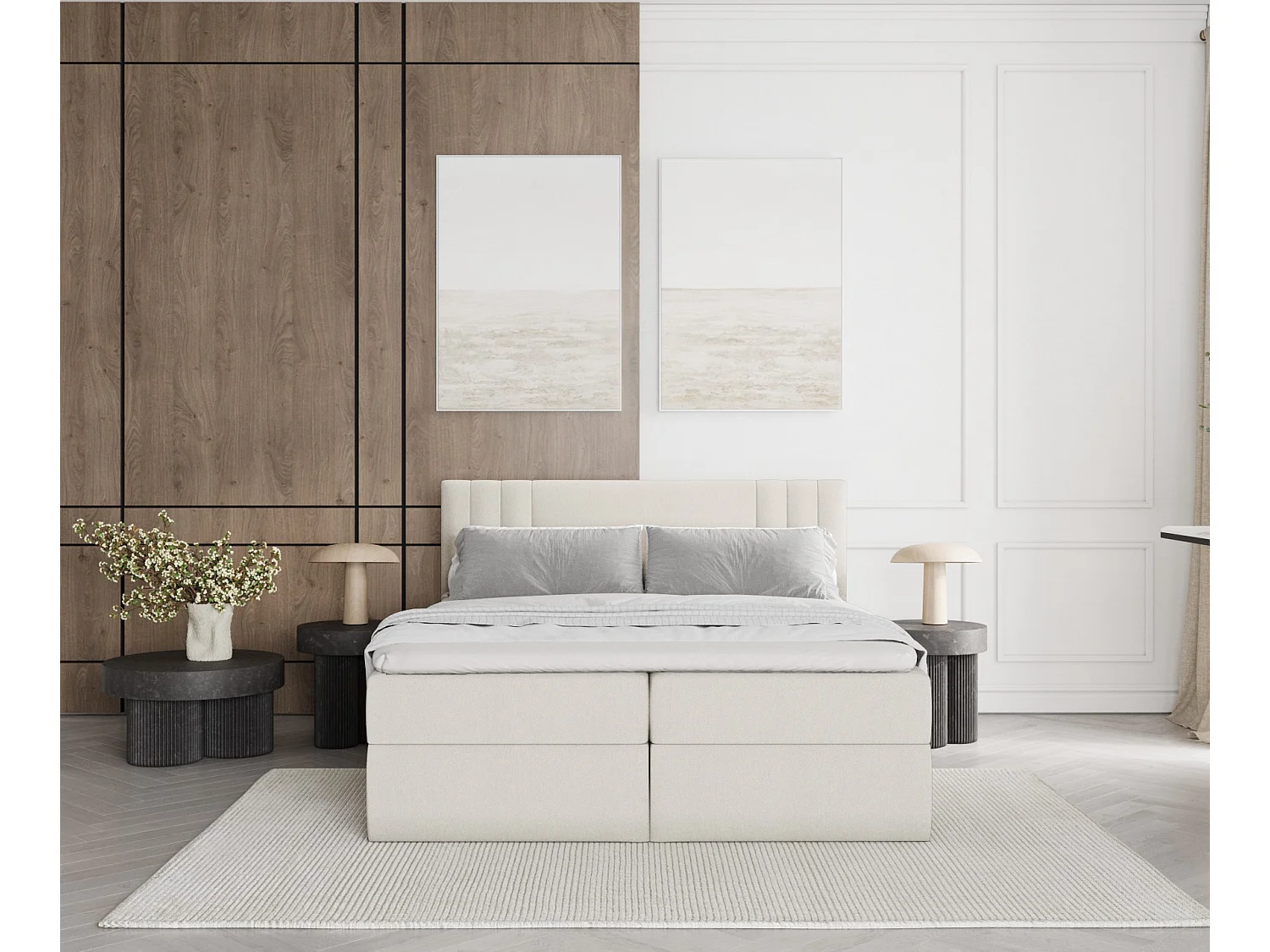 Set compleet bed met hoofdbord + opbergruimte + matrasse + dekmatrasse - 160 x 200 cm - Geweven stof - Creme - MALLO